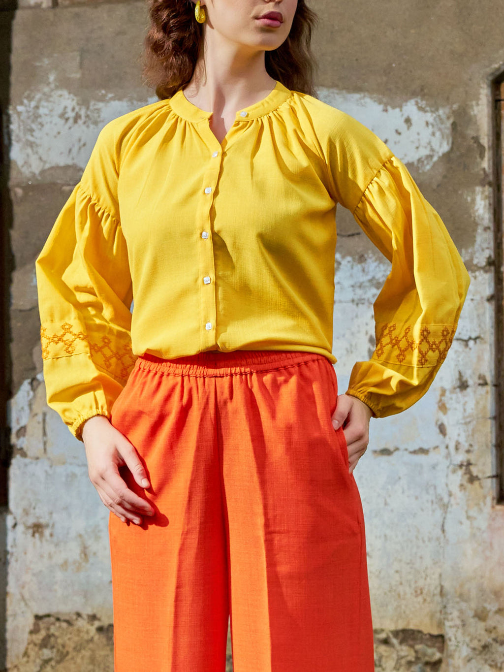 Women Shirt Style Puff Sleeve Banded Collar Gathers Round Solid Shirt