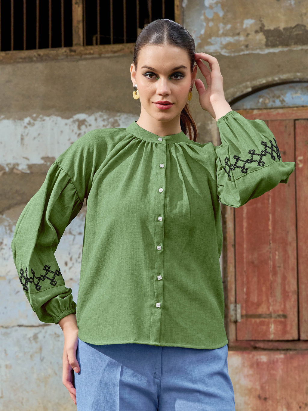 Women Shirt Style Puff Sleeve Banded Collar Gathers Round Solid Shirt