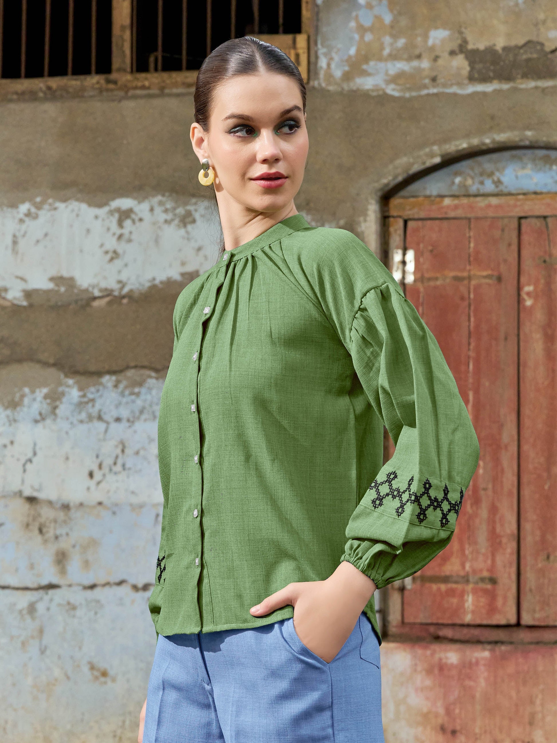 Women Shirt Style Puff Sleeve Banded Collar Gathers Round Solid Shirt