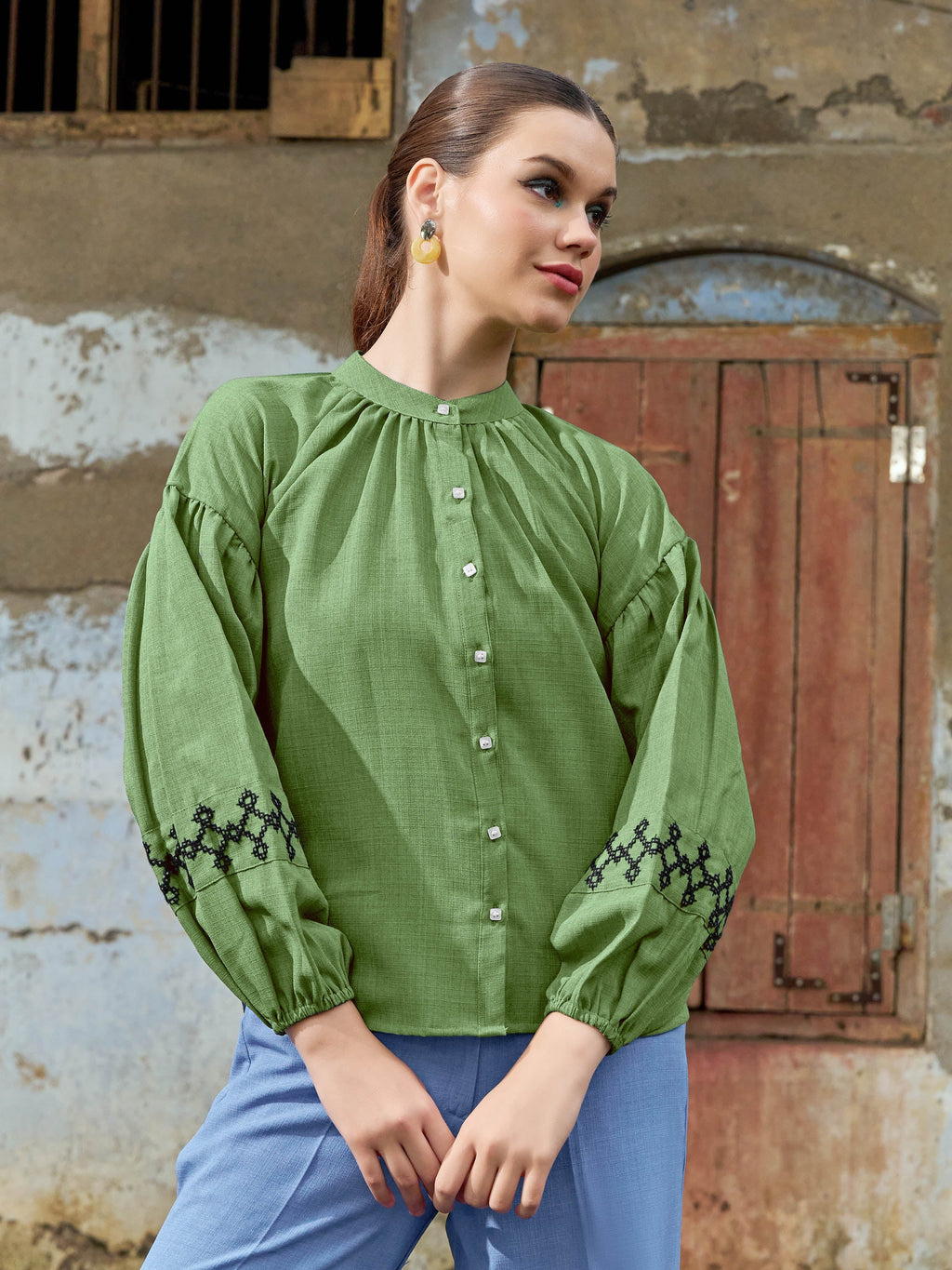 Women Shirt Style Puff Sleeve Banded Collar Gathers Round Solid Shirt