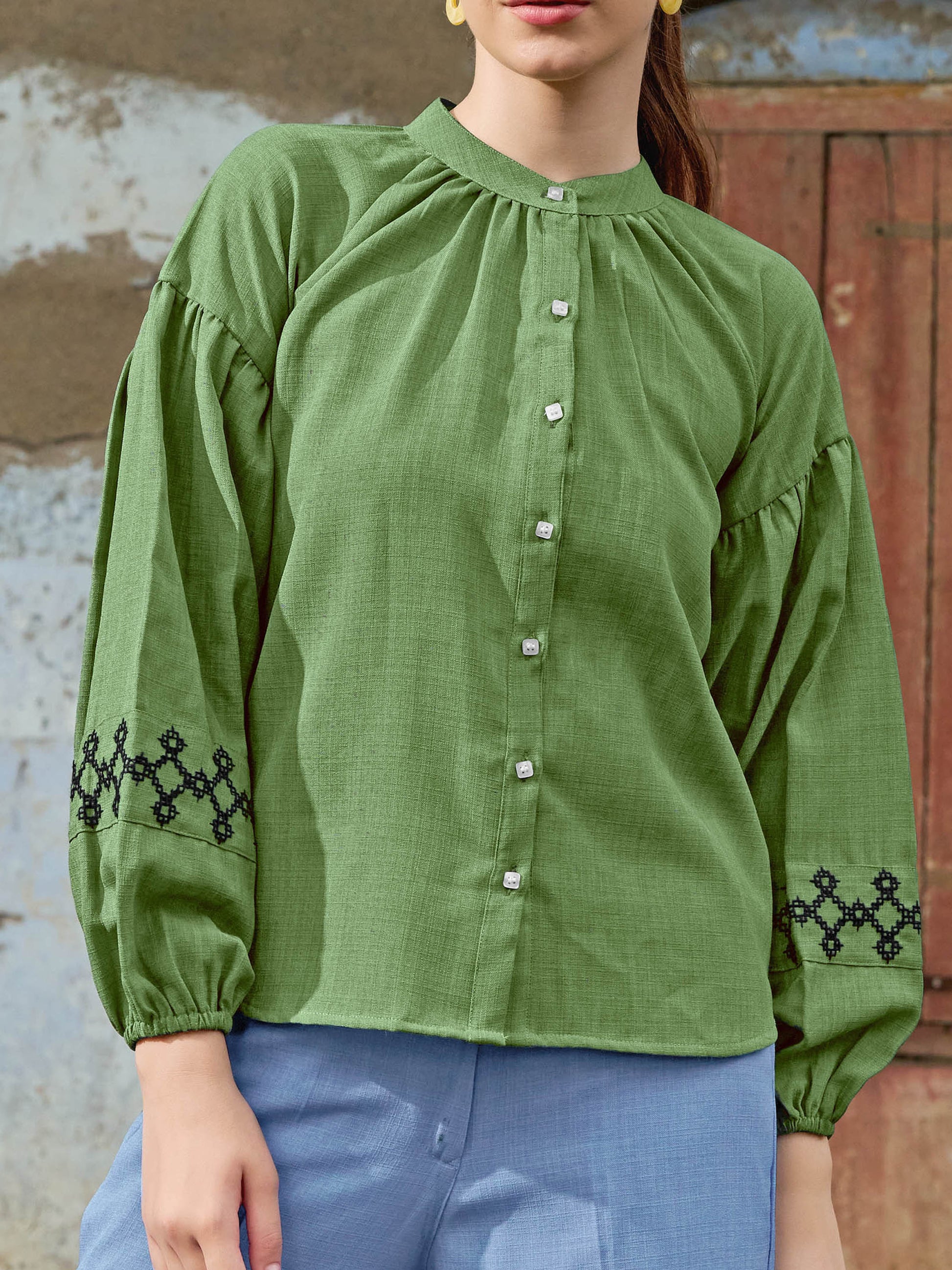 Women Shirt Style Puff Sleeve Banded Collar Gathers Round Solid Shirt