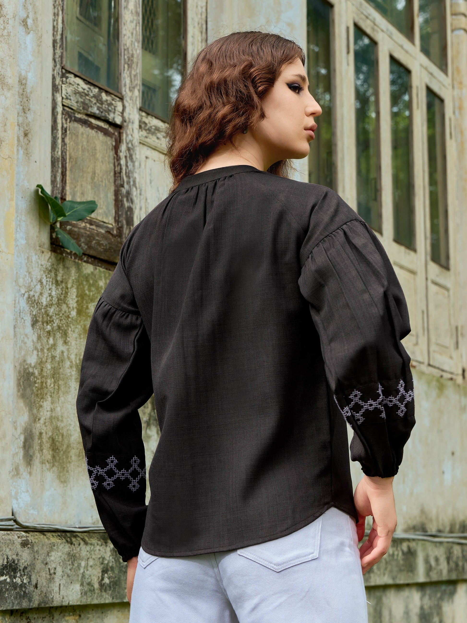 Women Shirt Style Puff Sleeve Banded Collar Gathers Round Solid Top