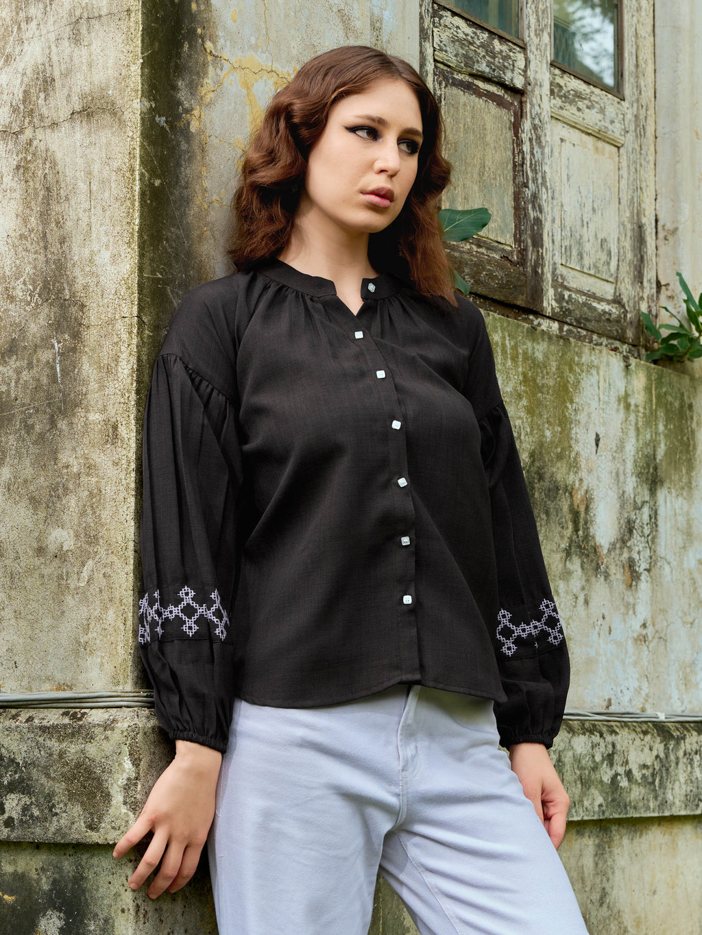 Women Shirt Style Puff Sleeve Banded Collar Gathers Round Solid Top