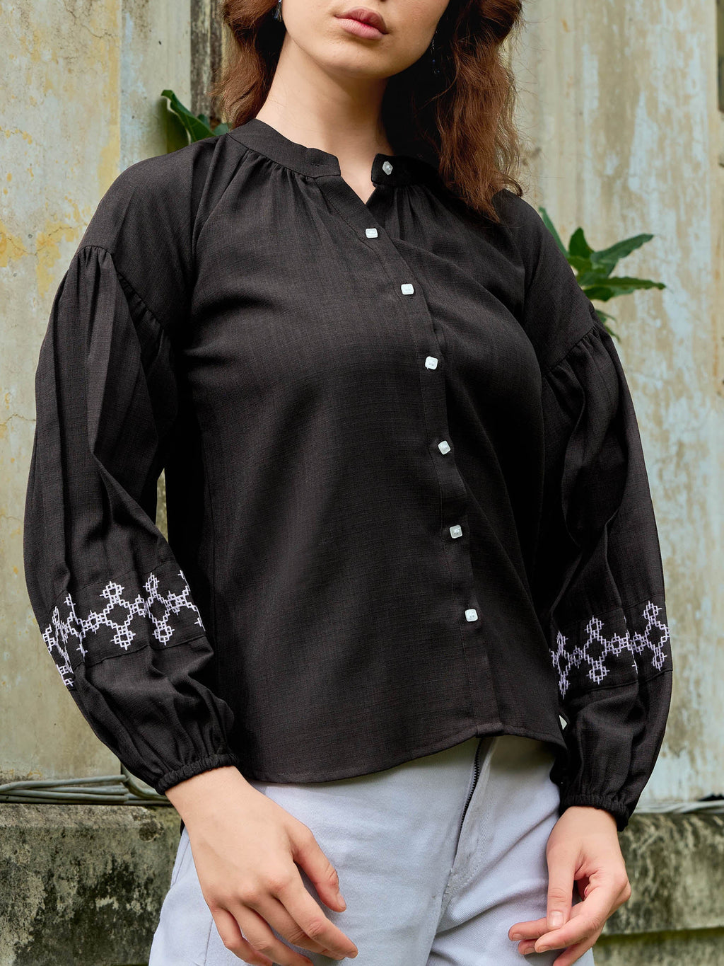 Women Shirt Style Puff Sleeve Banded Collar Gathers Round Solid Top