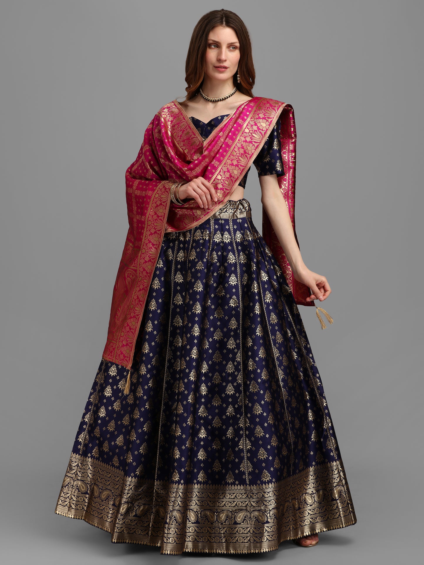 Women Self Design Blue Lehenga Choli