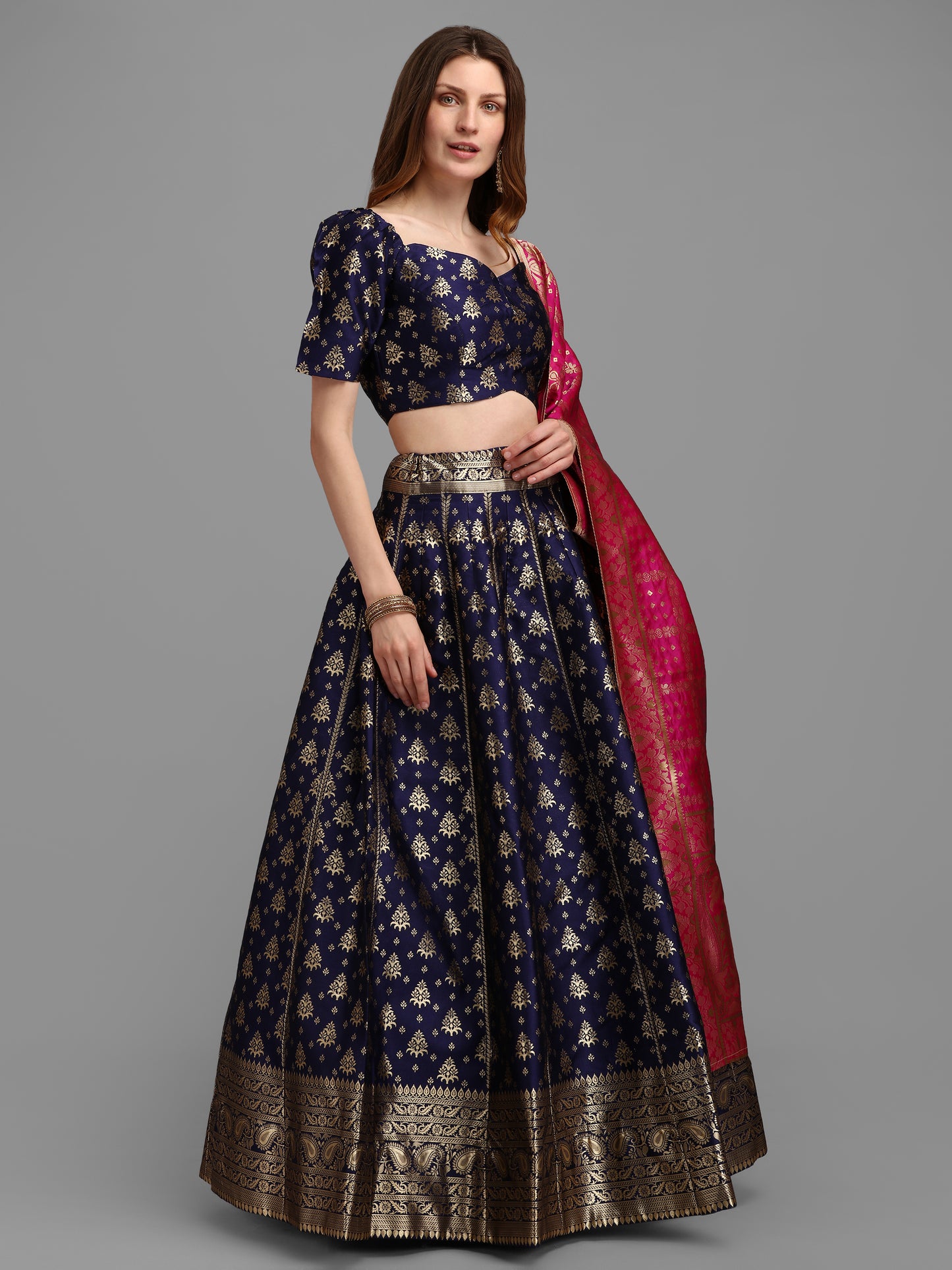 Women Self Design Blue Lehenga Choli