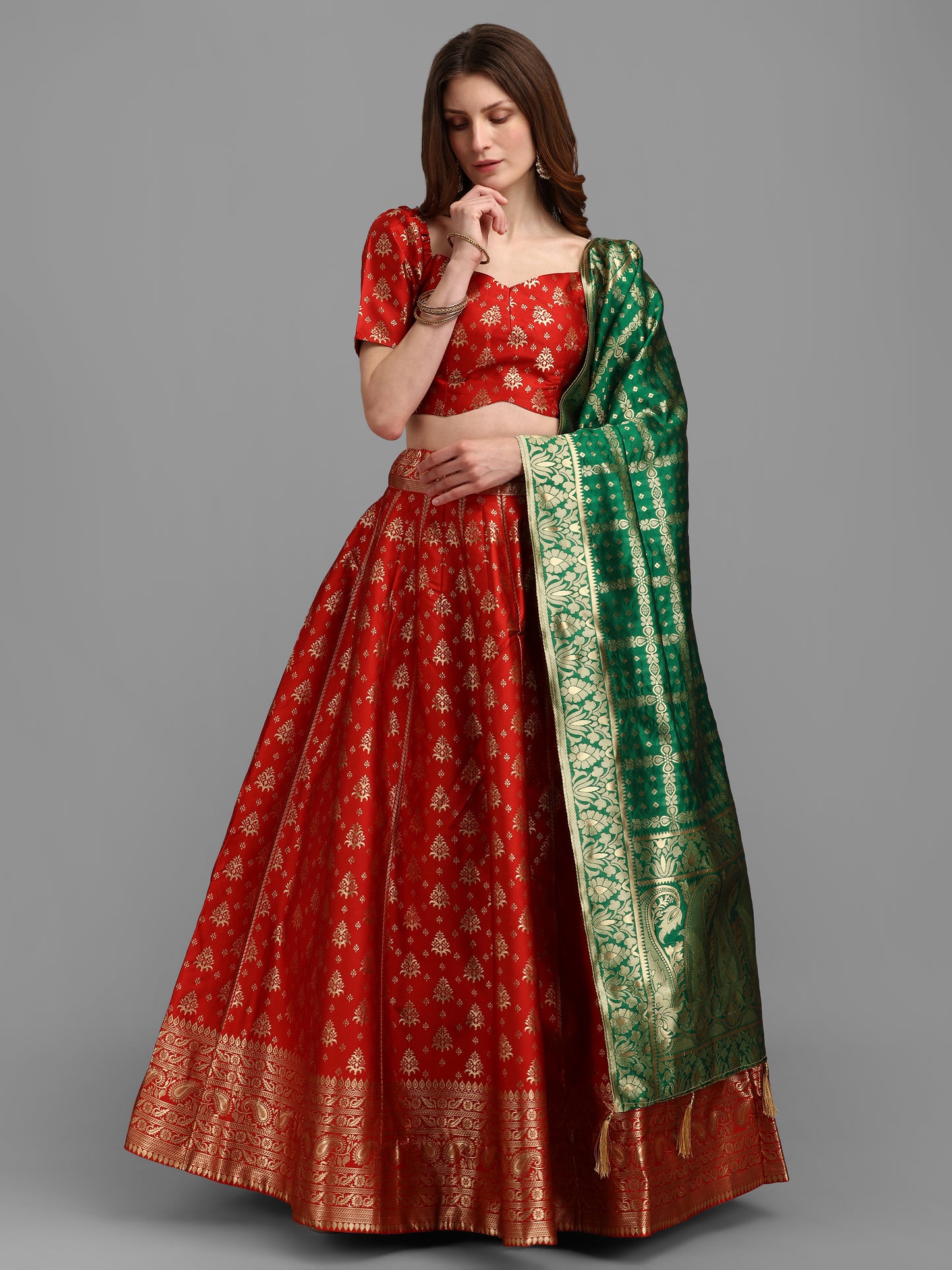 Women Self Design Red Lehenga Choli