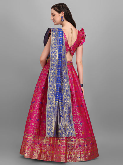 Women Jacquard Pink Printed Lehenga Choli