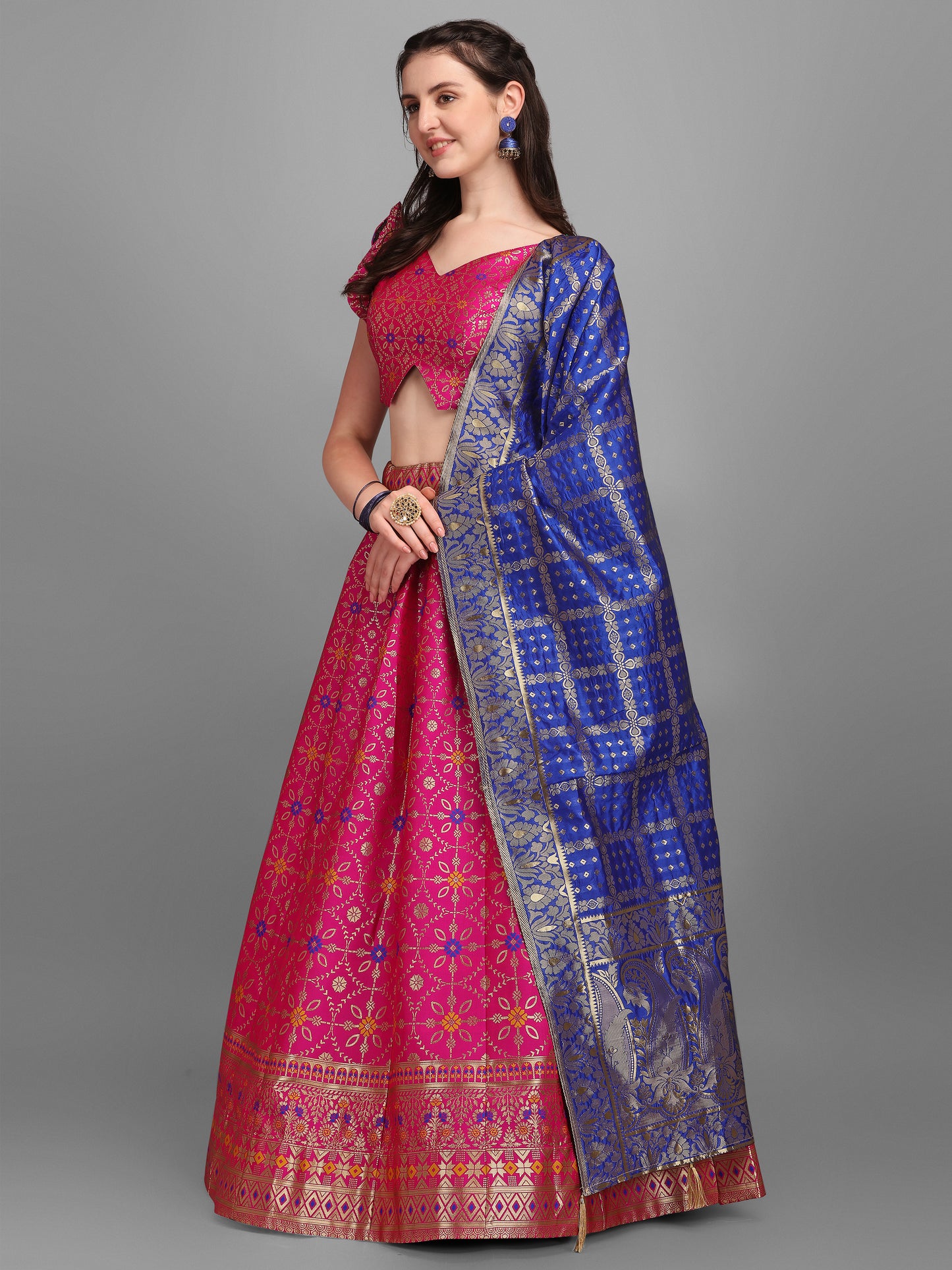 Women Jacquard Pink Printed Lehenga Choli