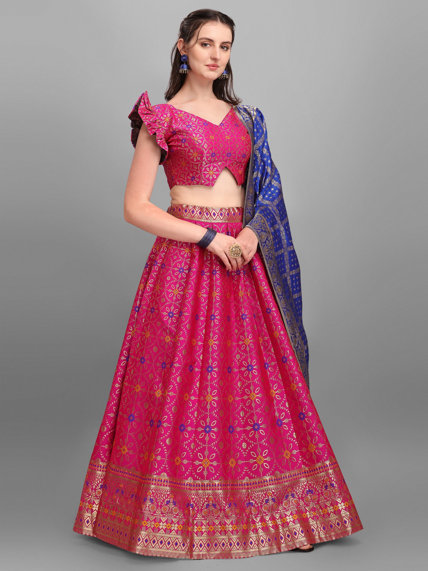 Women Jacquard Pink Printed Lehenga Choli