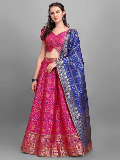 Women Jacquard Pink Printed Lehenga Choli