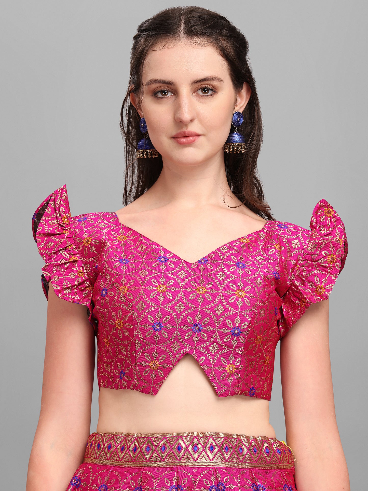 Women Jacquard Pink Printed Lehenga Choli