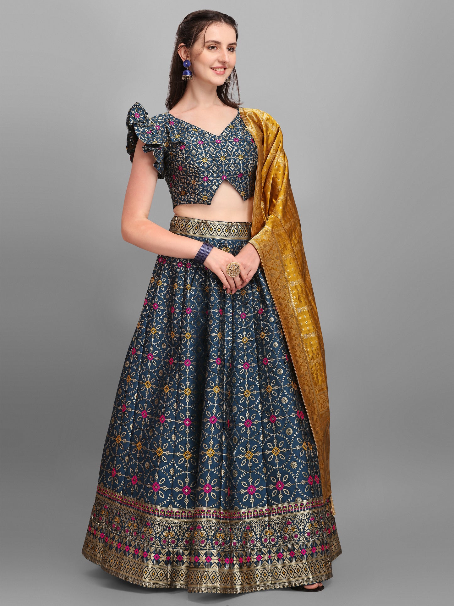 Women Jacquard Rama Printed Lehenga Choli