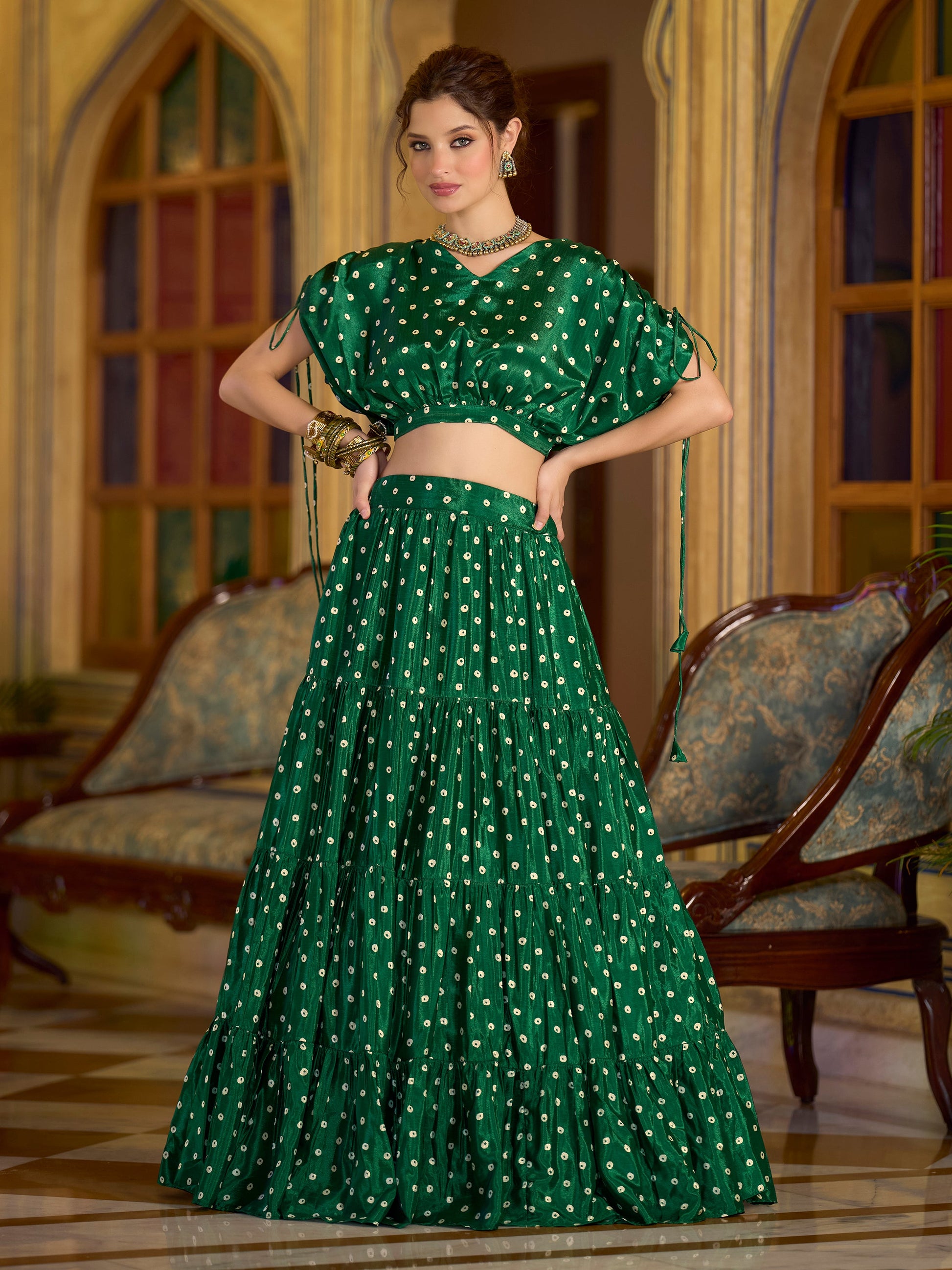 Women's Green Chinon Lehengas
