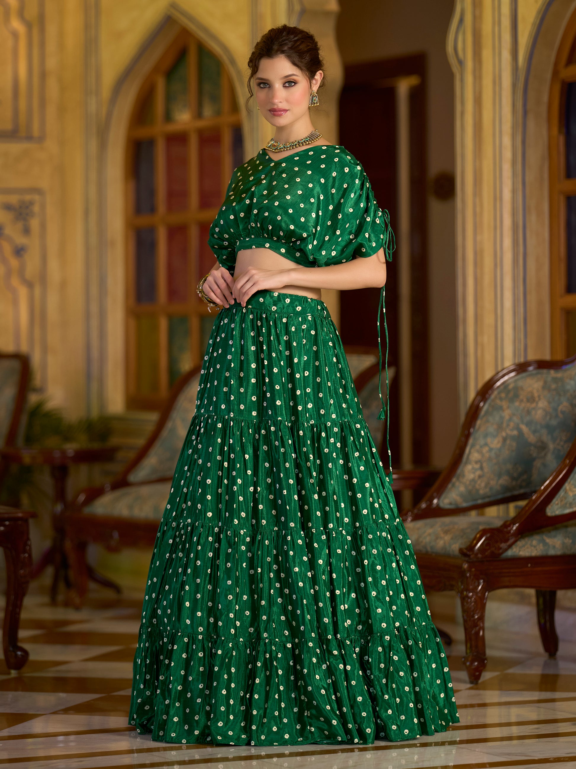 Women's Green Chinon Lehengas