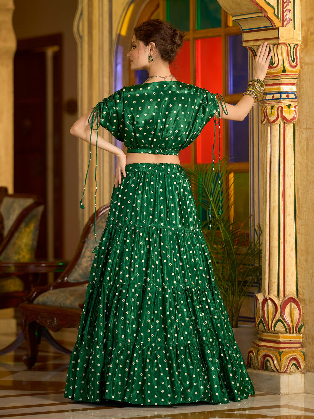 Women's Green Chinon Lehengas