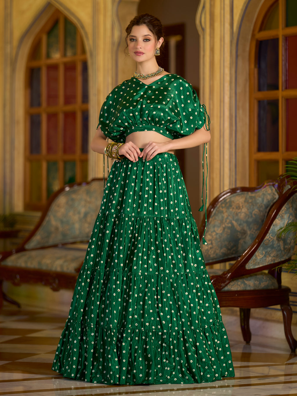 Women's Green Chinon Lehengas