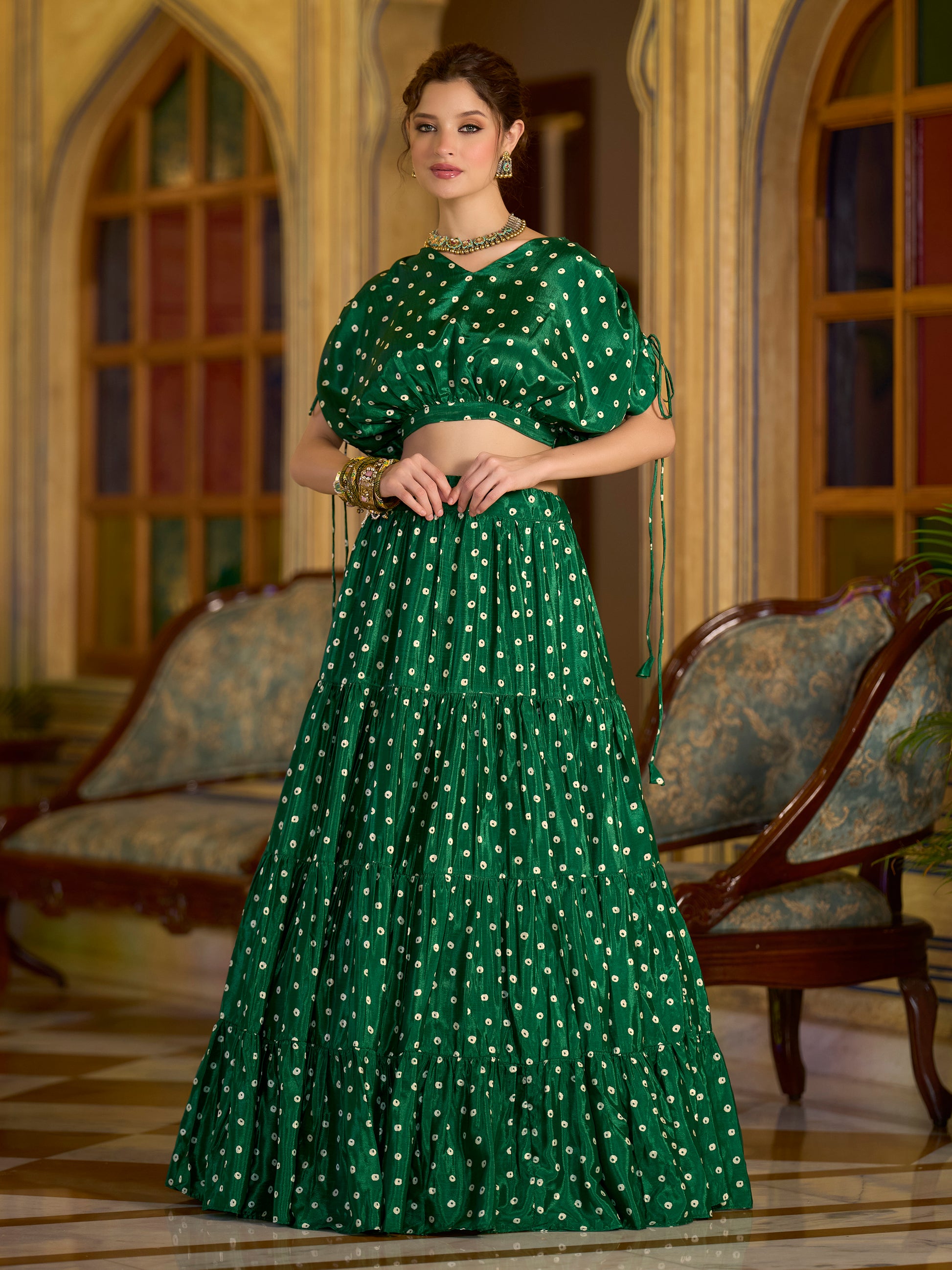 Women's Green Chinon Lehengas