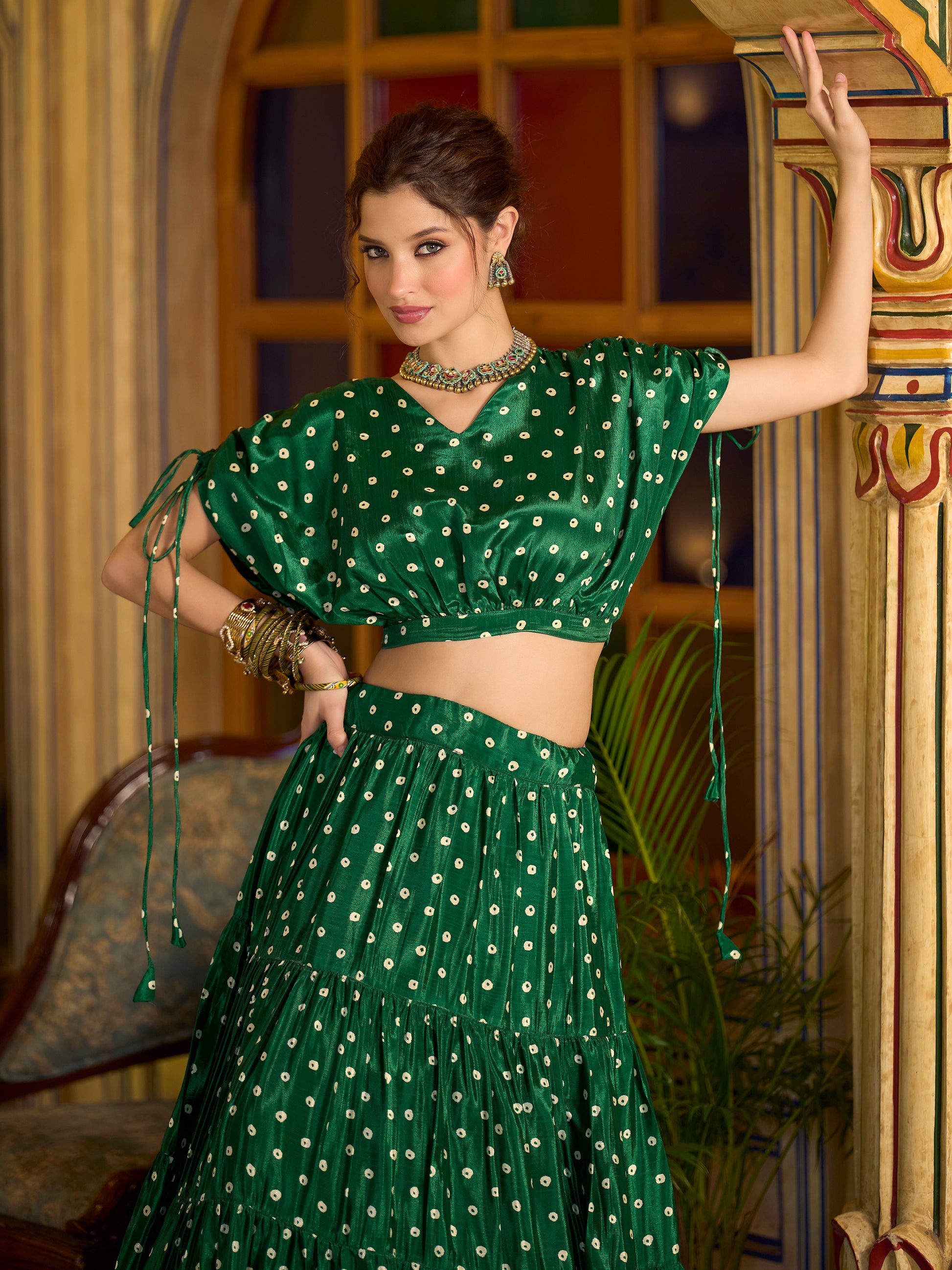 Women's Green Chinon Lehengas