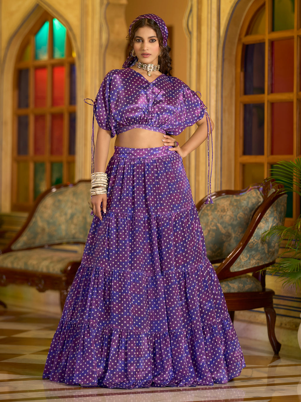 Women's Purple Chinon Lehengas