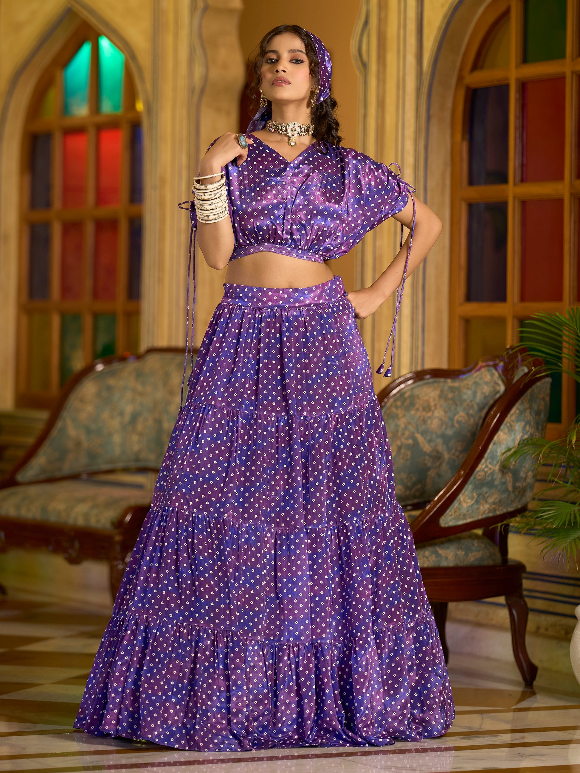 Women's Purple Chinon Lehengas