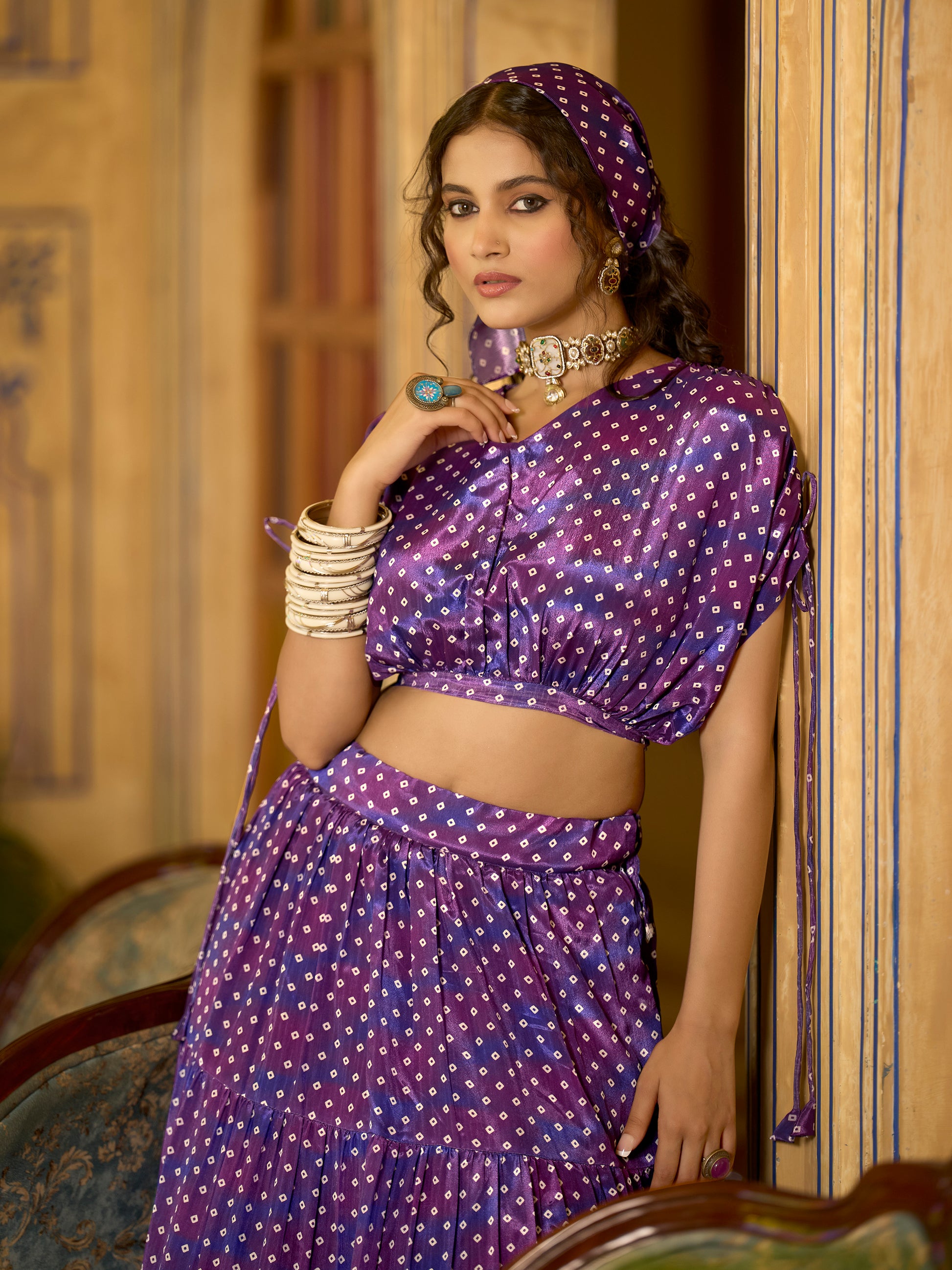 Women's Purple Chinon Lehengas