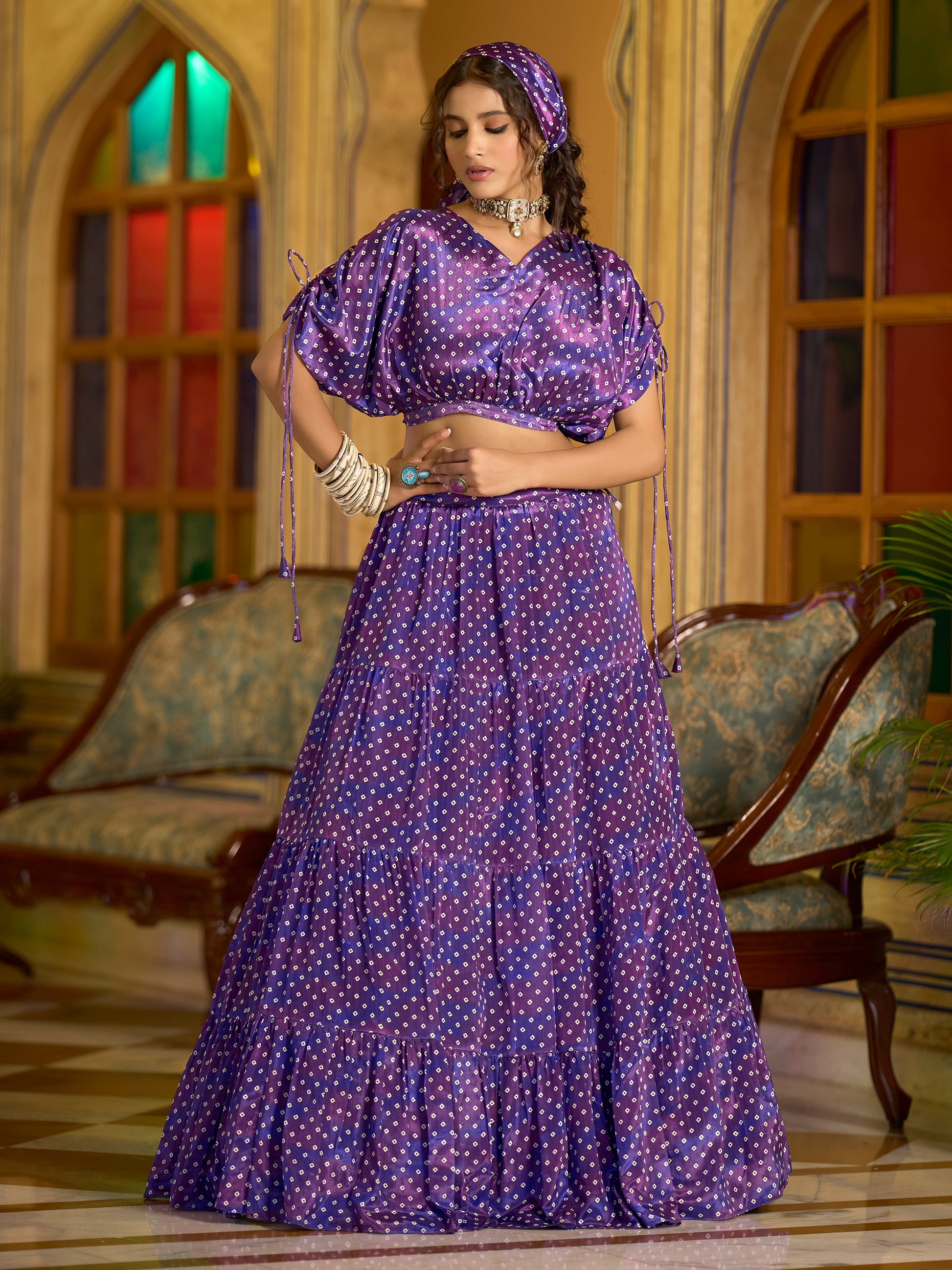 Women's Purple Chinon Lehengas