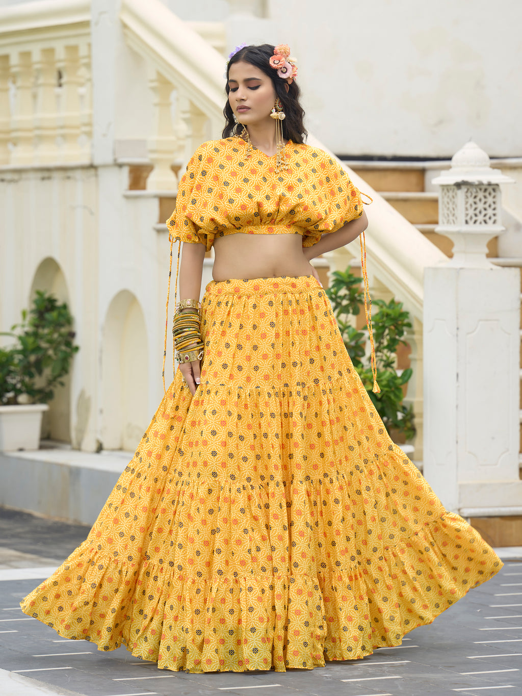 Women's Yellow Chinon Lehengas