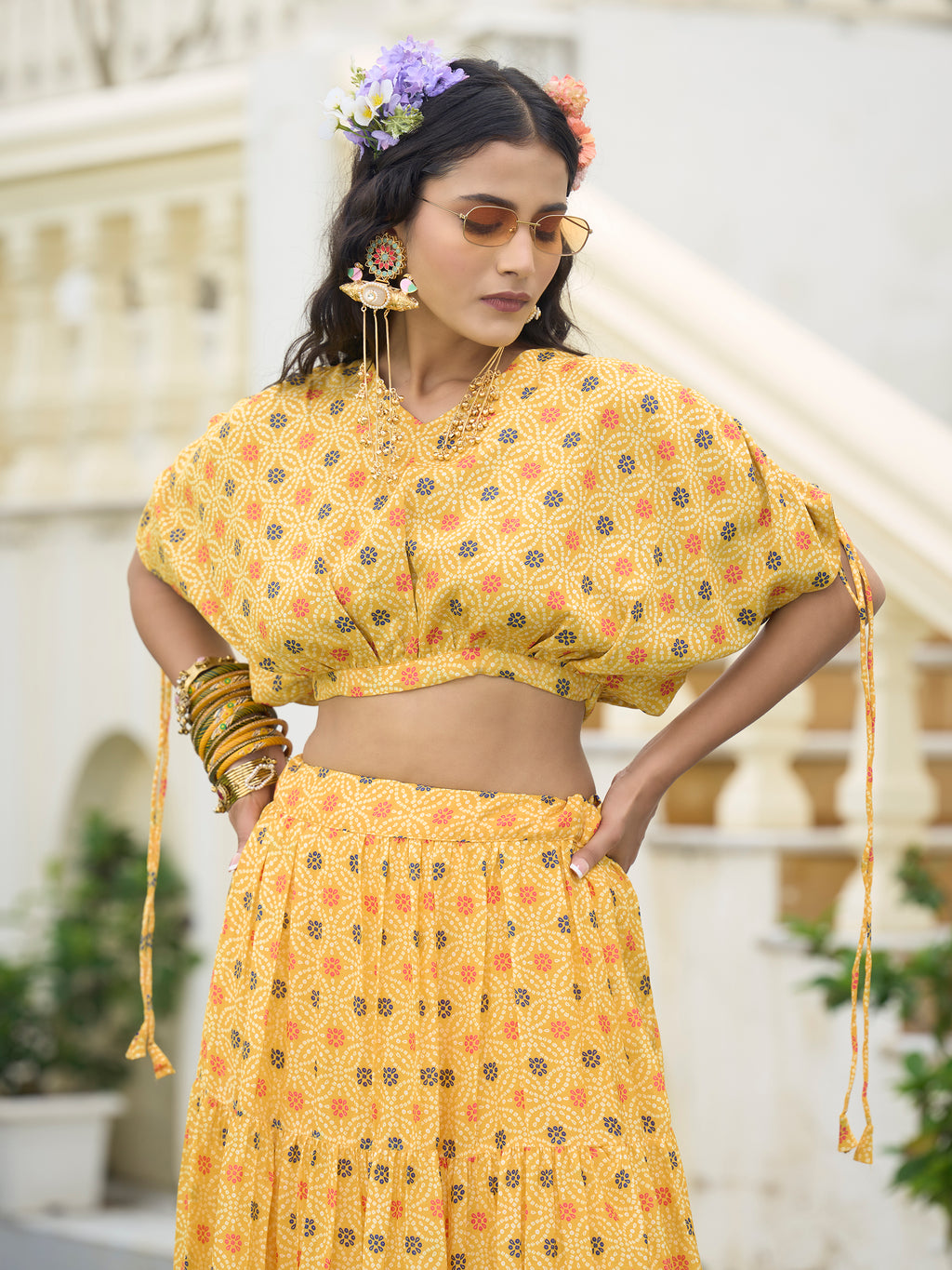 Women's Yellow Chinon Lehengas