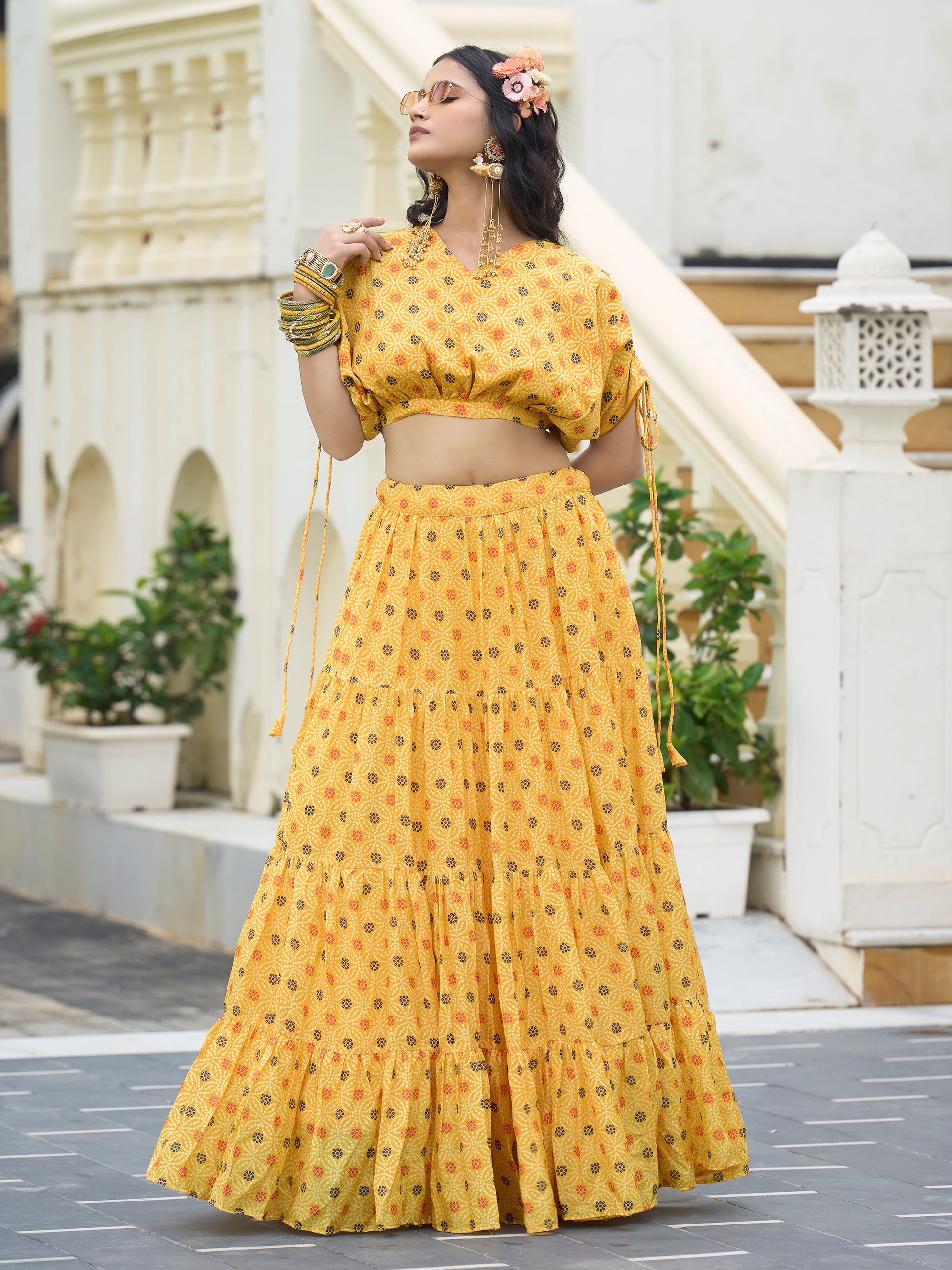 Women's Yellow Chinon Lehengas