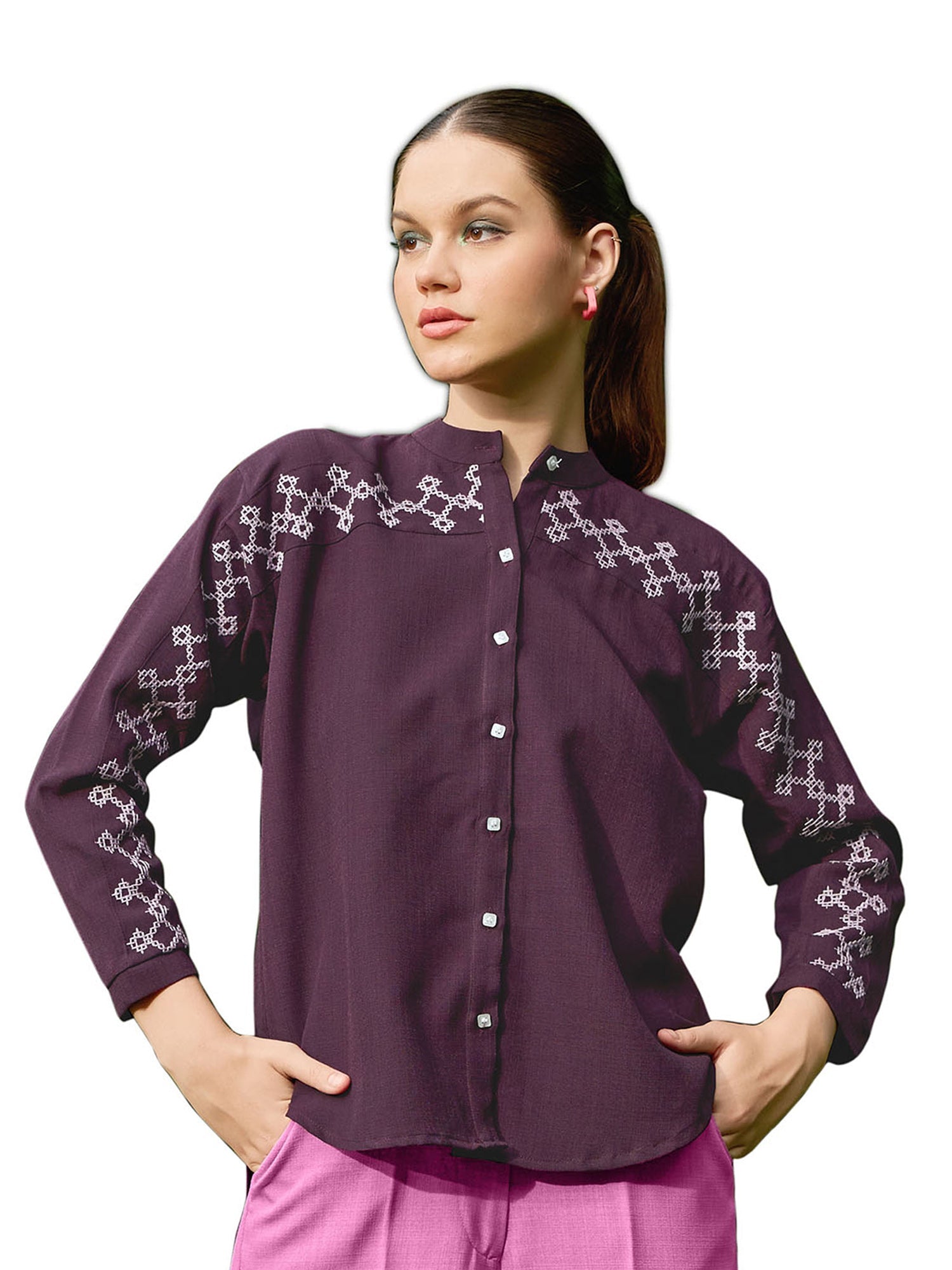Women Shirt Style Stylished Mandarin Collar Emblished Round Embroidary Top