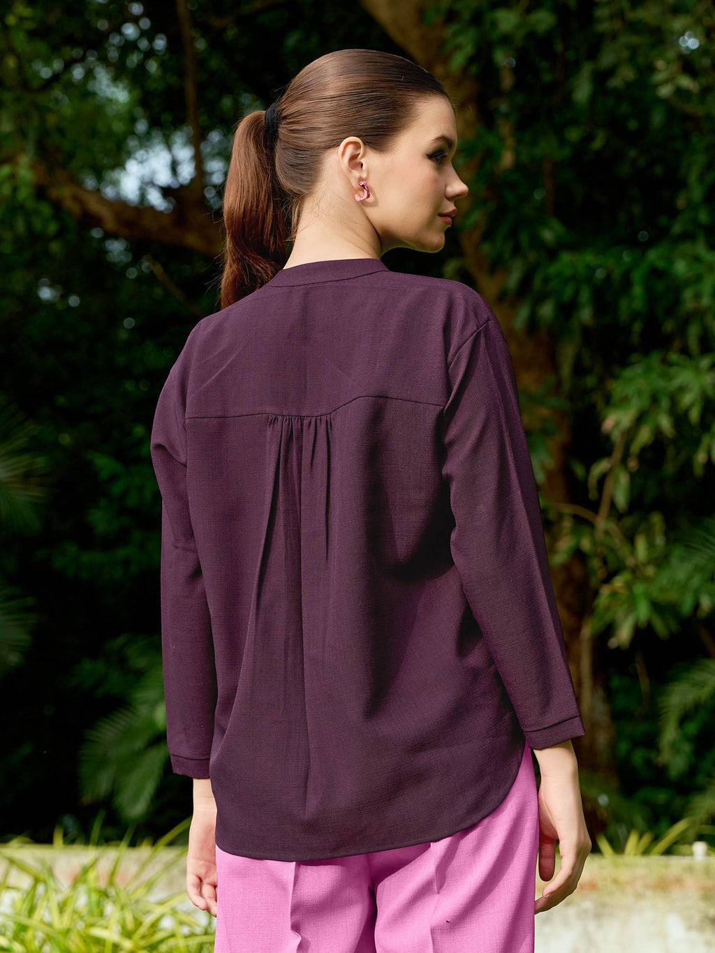 Women Shirt Style Stylished Mandarin Collar Emblished Round Embroidary Top