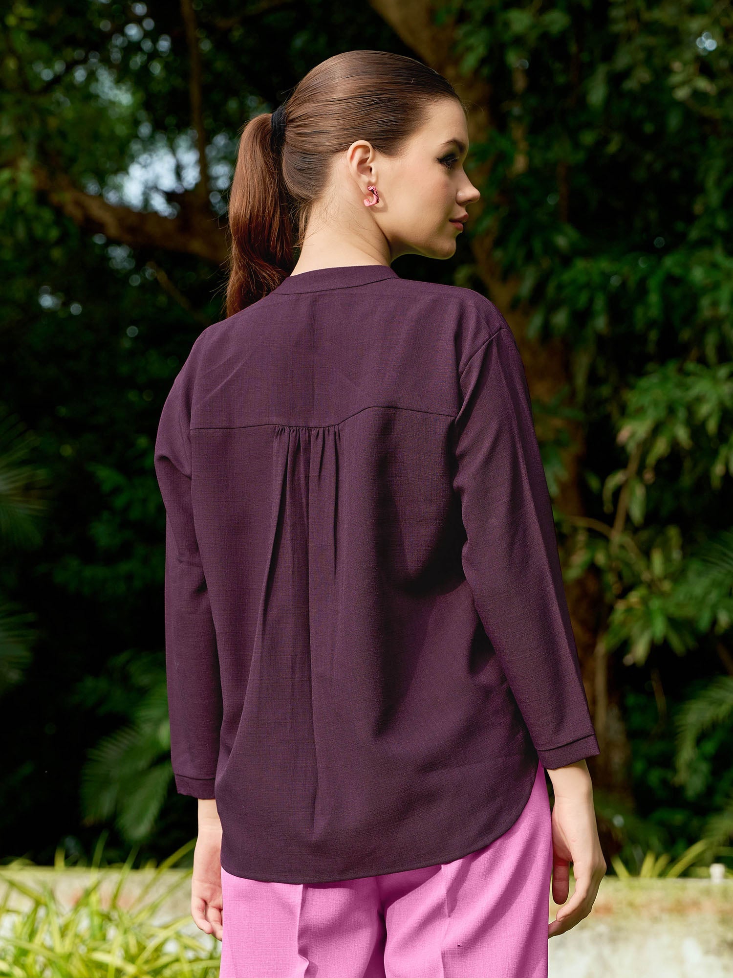 Women Shirt Style Stylished Mandarin Collar Emblished Round Embroidary Top