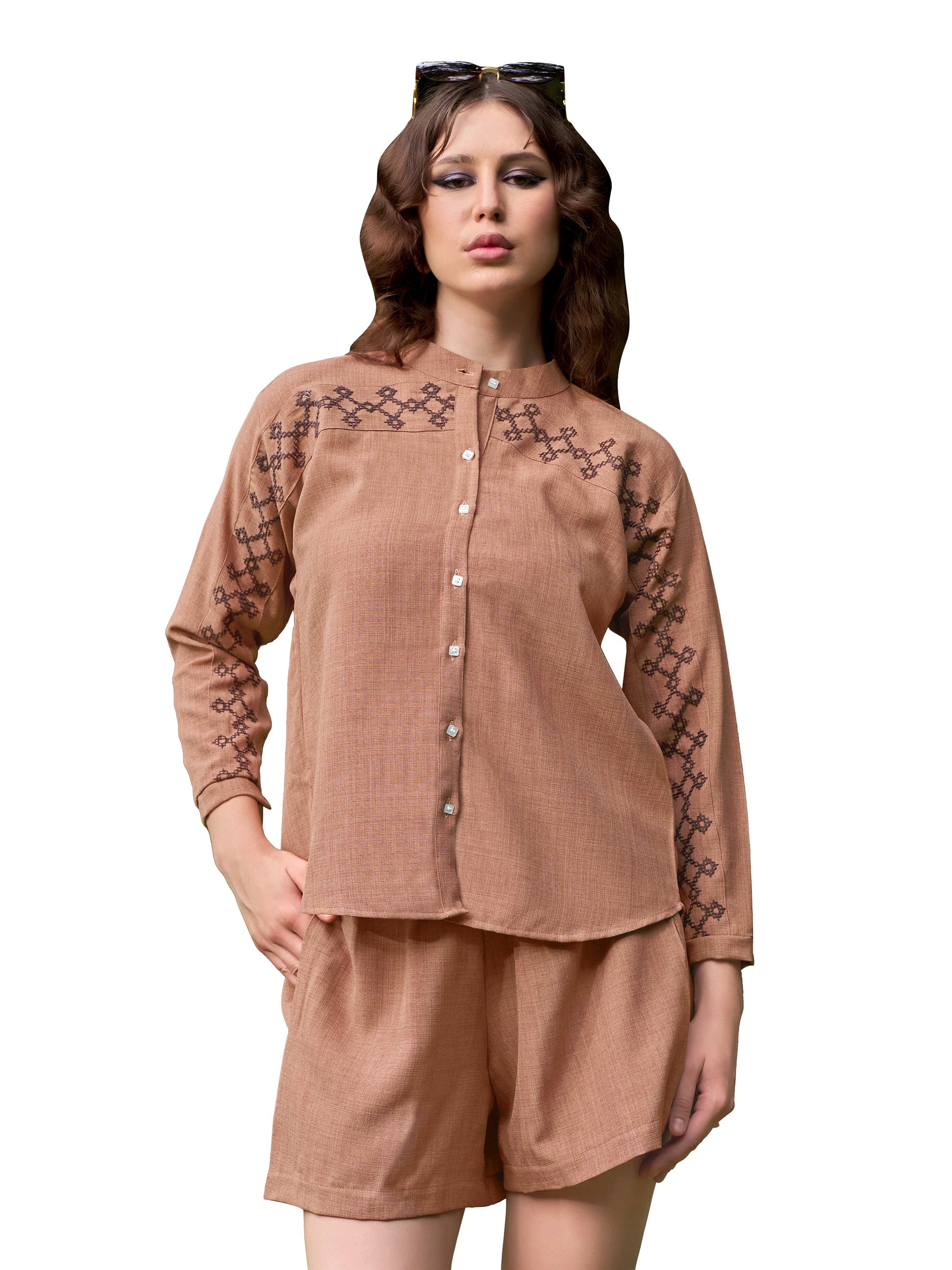 Women Shirt Style Stylished Mandarin Collar Emblished Round Embroidary Top