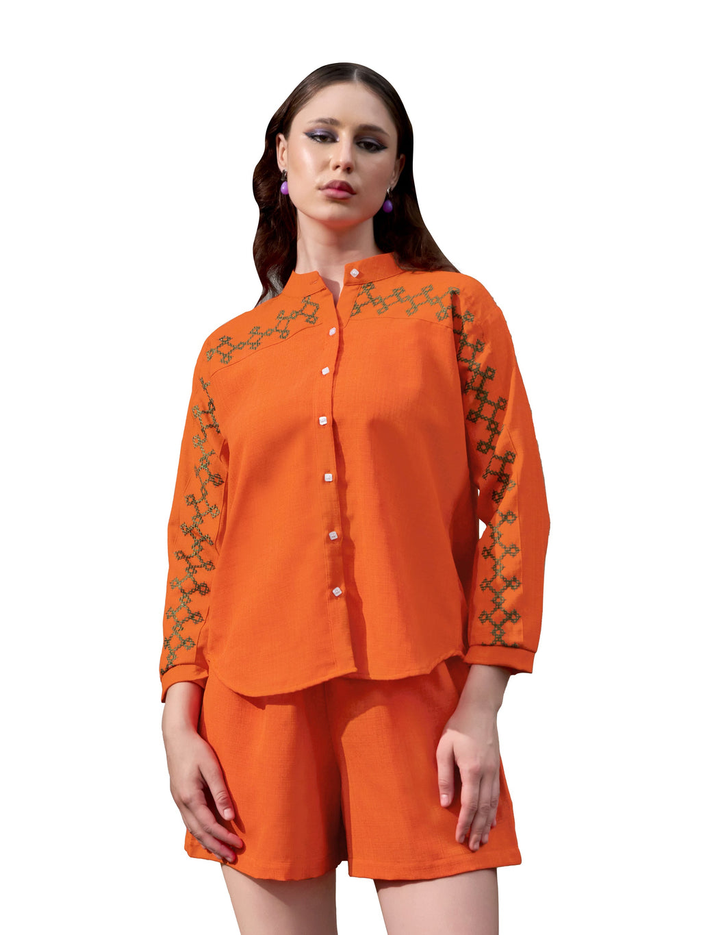 Women Shirt Style Stylished Mandarin Collar Emblished Round Embroidary Top