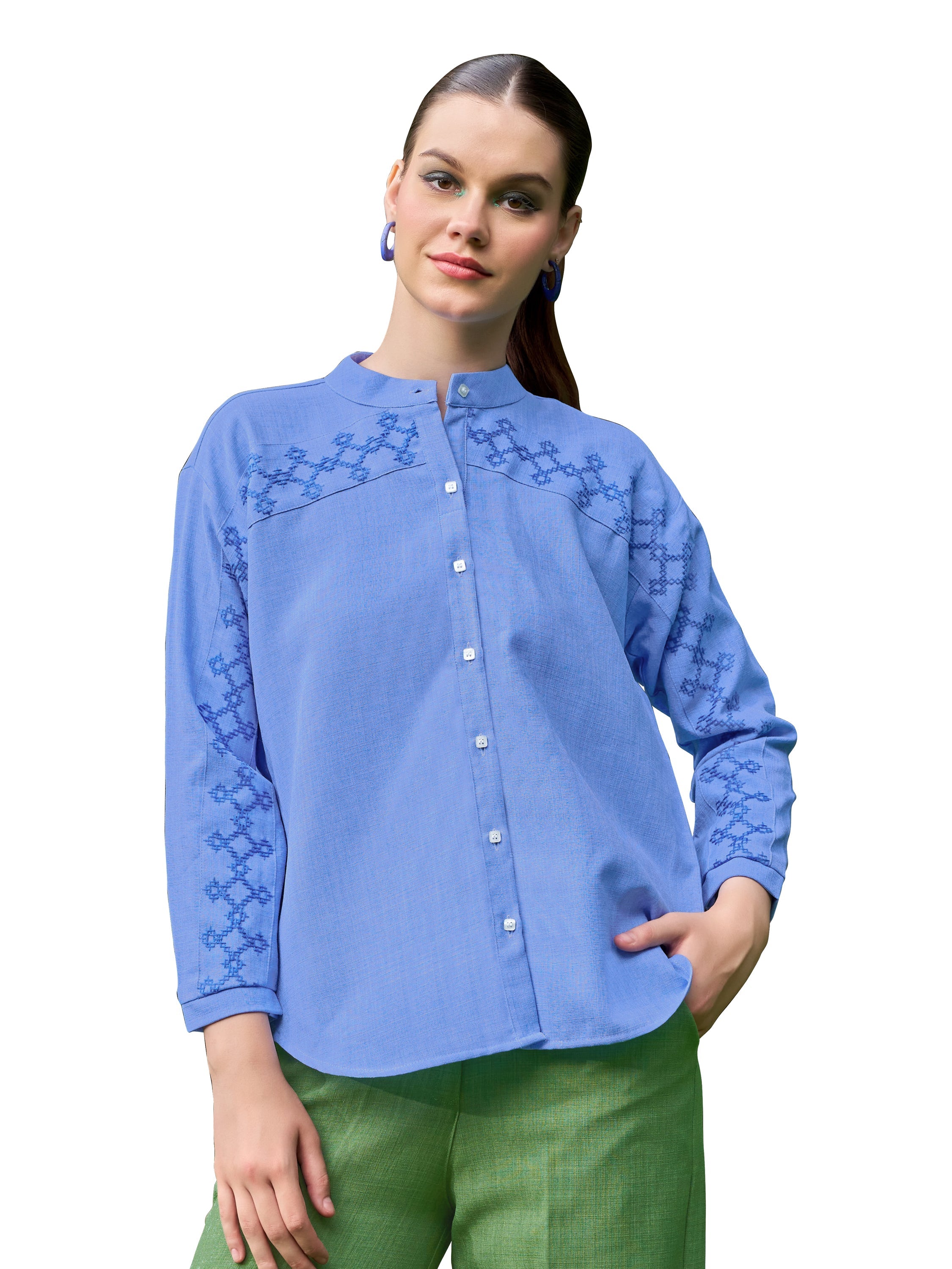 Women Shirt Style Stylished Mandarin Collar Emblished Round Embroidary Top