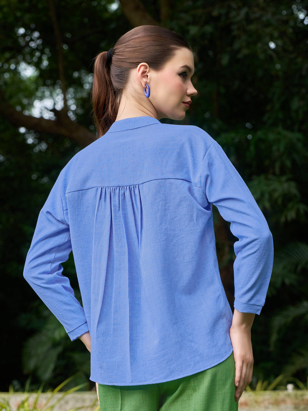 Women Shirt Style Stylished Mandarin Collar Emblished Round Embroidary Top