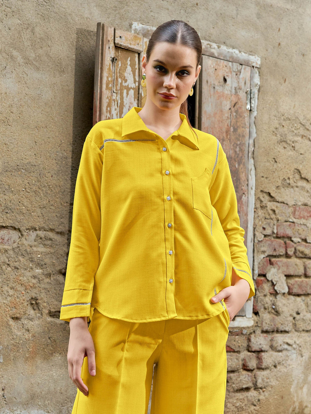 Women's Shirt Style Stylished Shirt Collar Lace Inserts Round Emblished Shirt