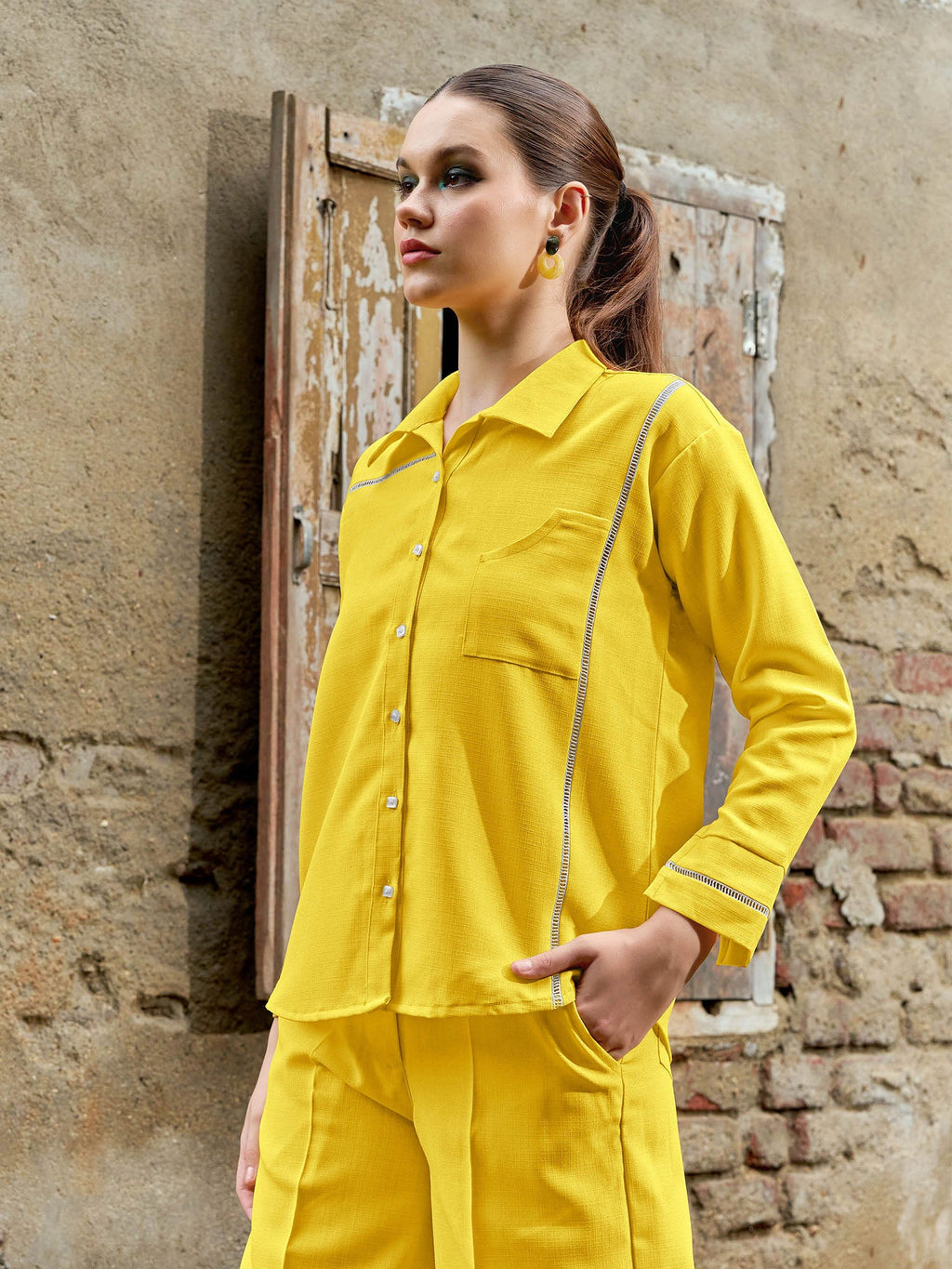 Women's Shirt Style Stylished Shirt Collar Lace Inserts Round Emblished Shirt