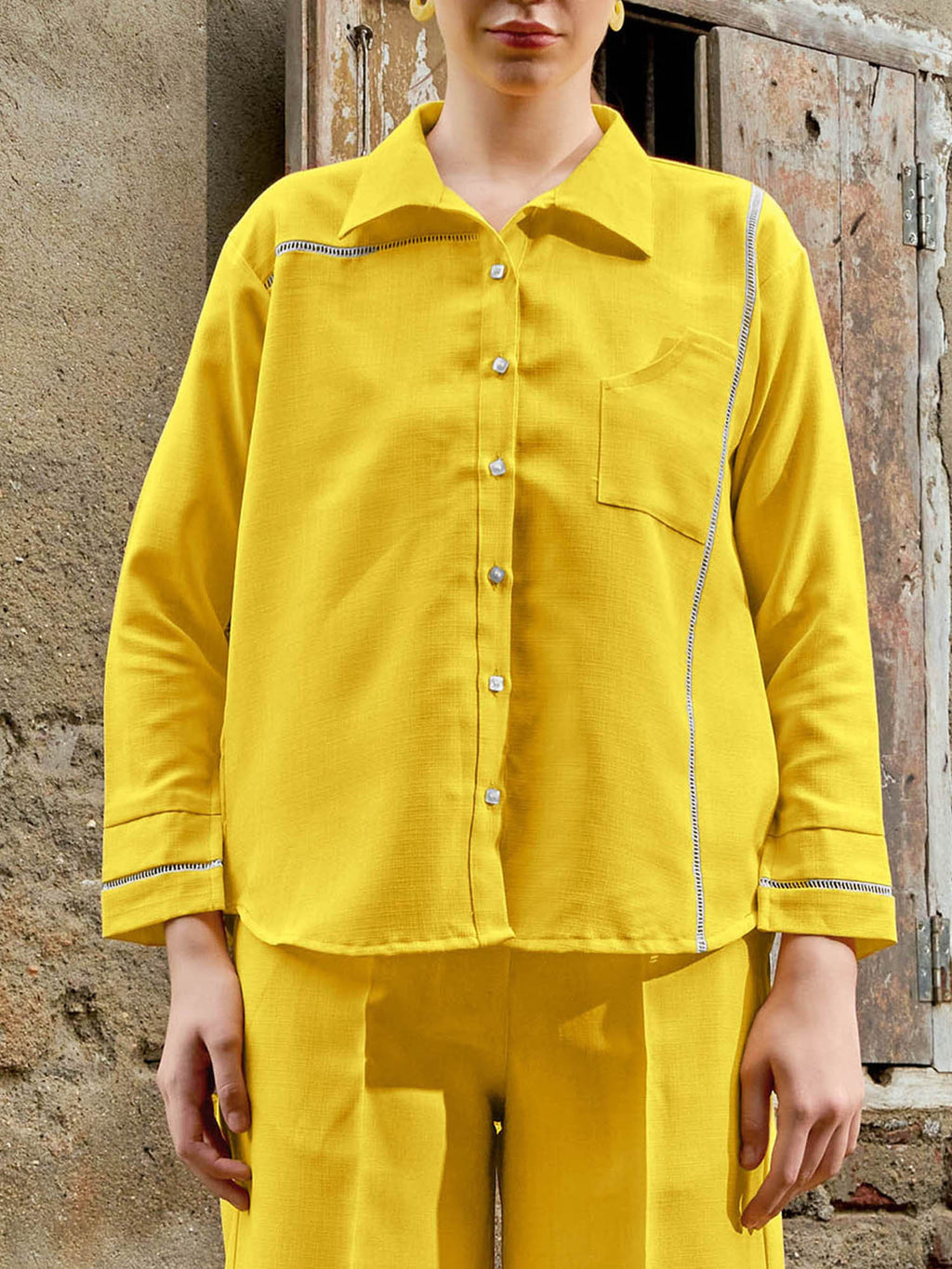 Women's Shirt Style Stylished Shirt Collar Lace Inserts Round Emblished Shirt