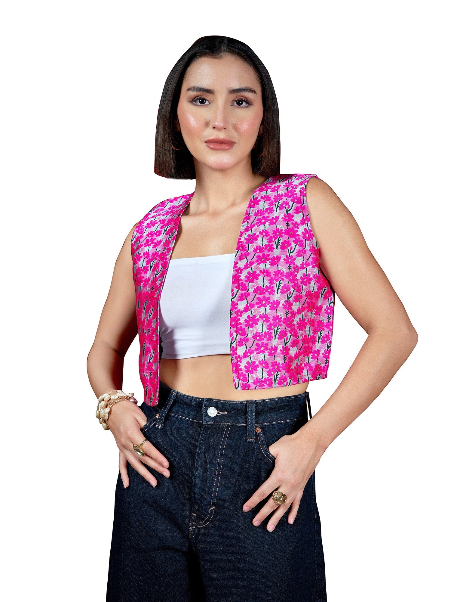 Women Vests Sleeveless V - Neck Emblished Straight Floral Top