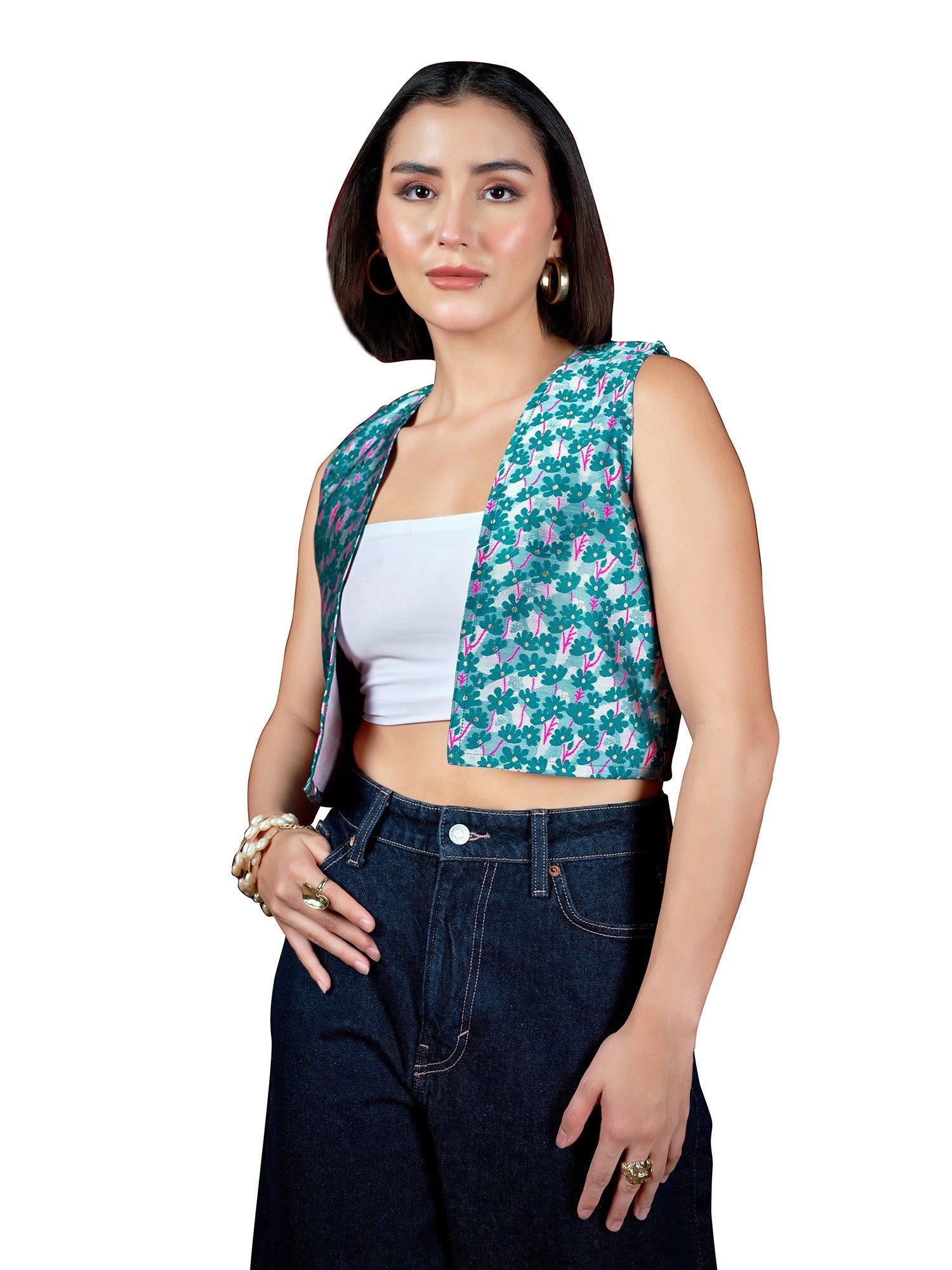 Women Vests Sleeveless V - Neck Emblished Straight Floral Top