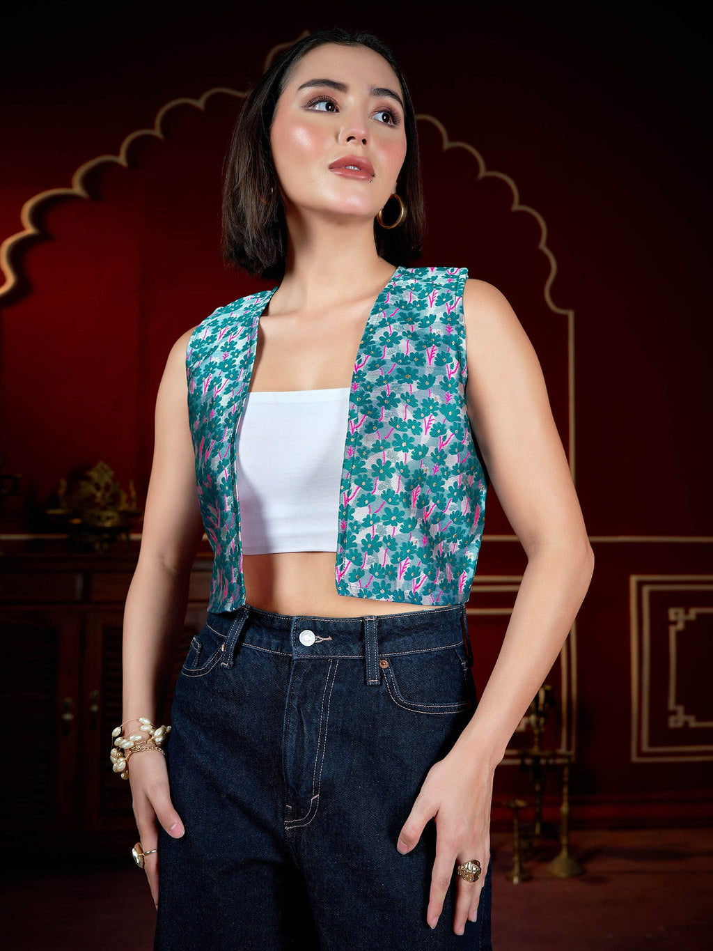 Women Vests Sleeveless V - Neck Emblished Straight Floral Top