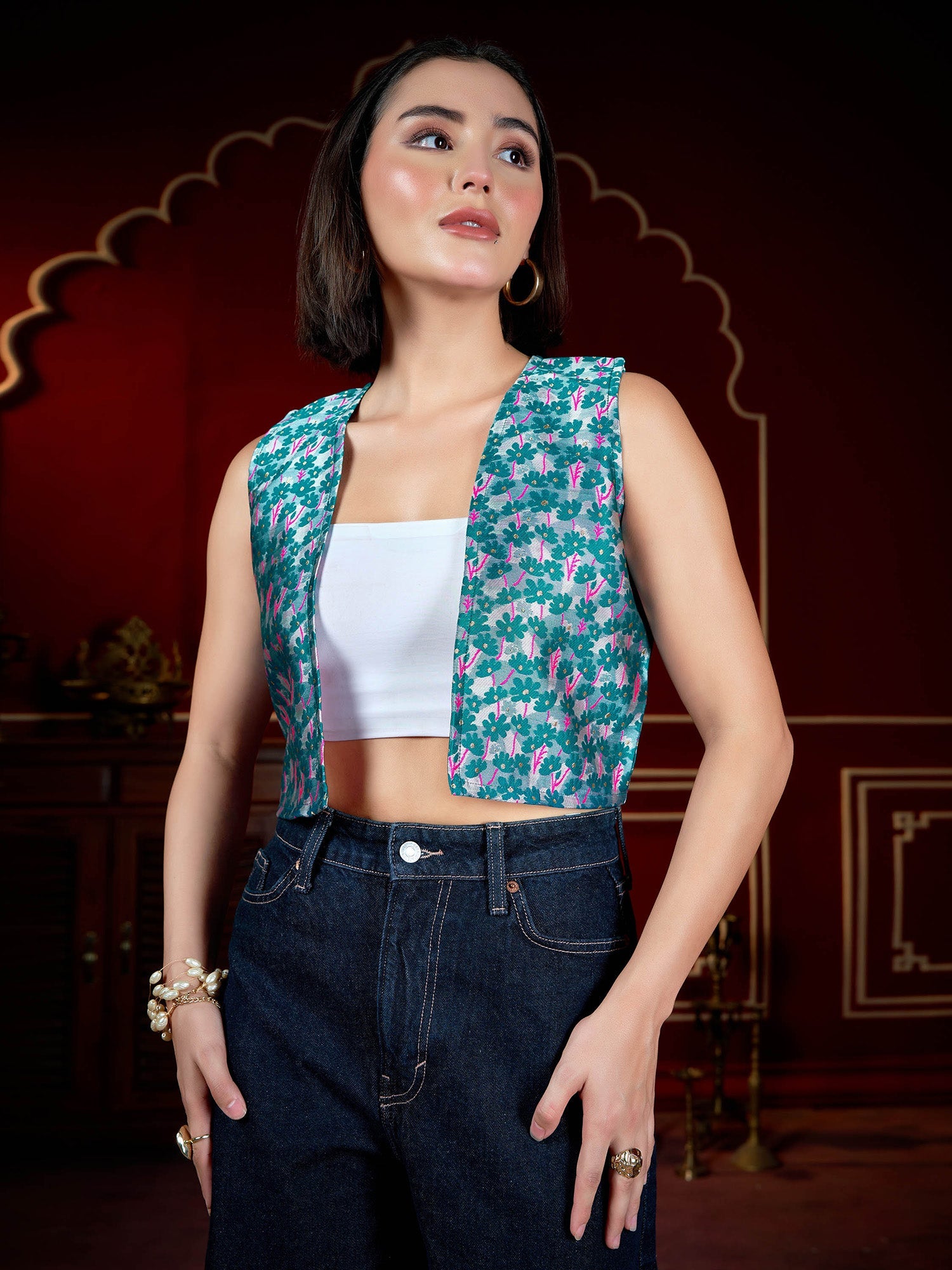 Women Vests Sleeveless V - Neck Emblished Straight Floral Top