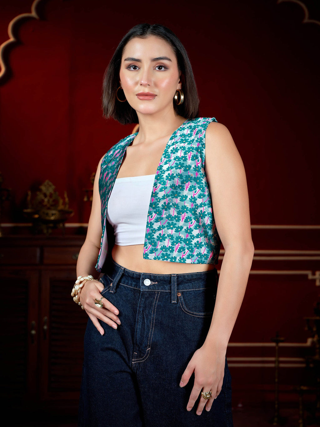 Women Vests Sleeveless V - Neck Emblished Straight Floral Top