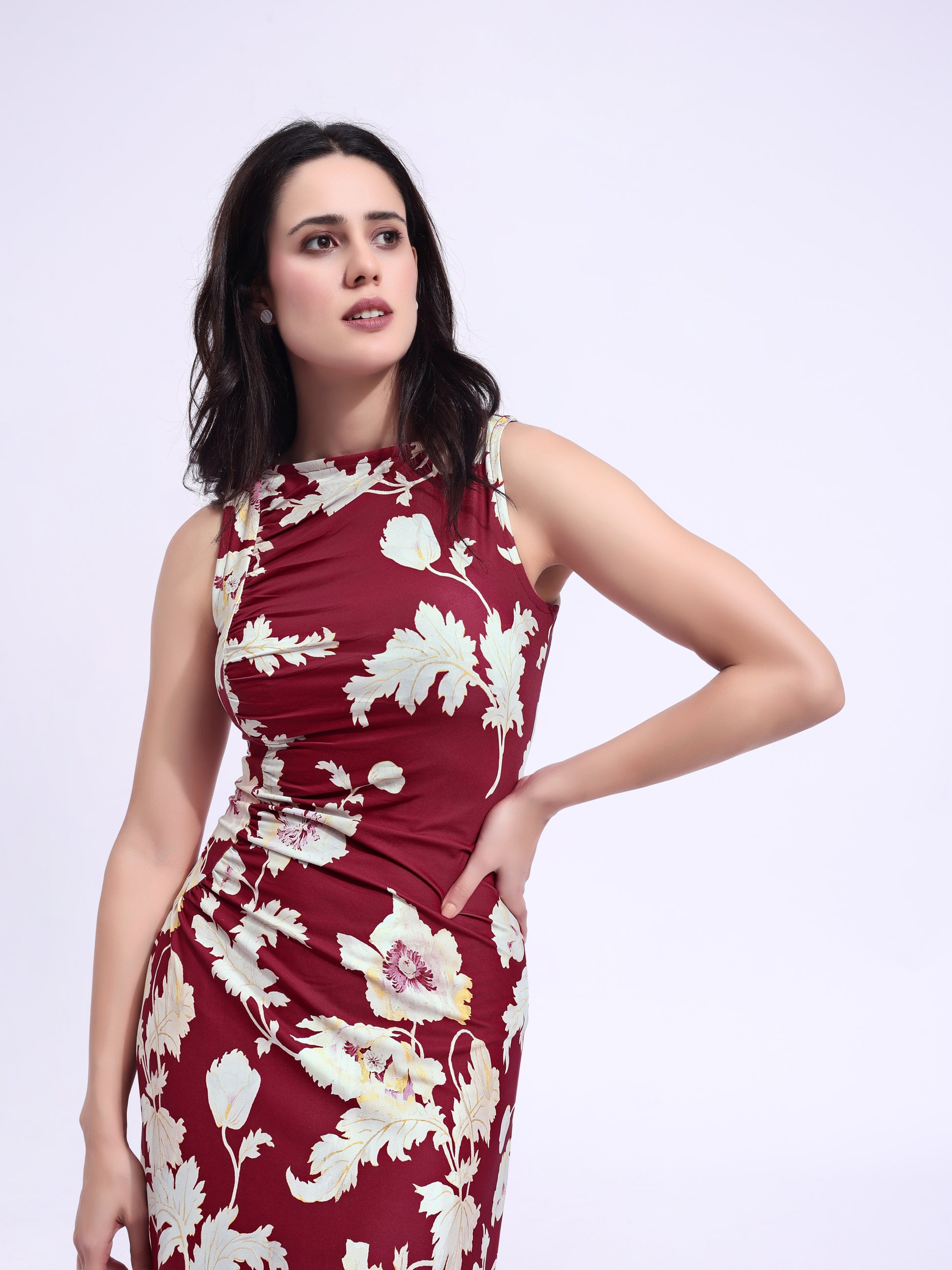 Women's Maroon Printed Maxi  Sleeveless Dress