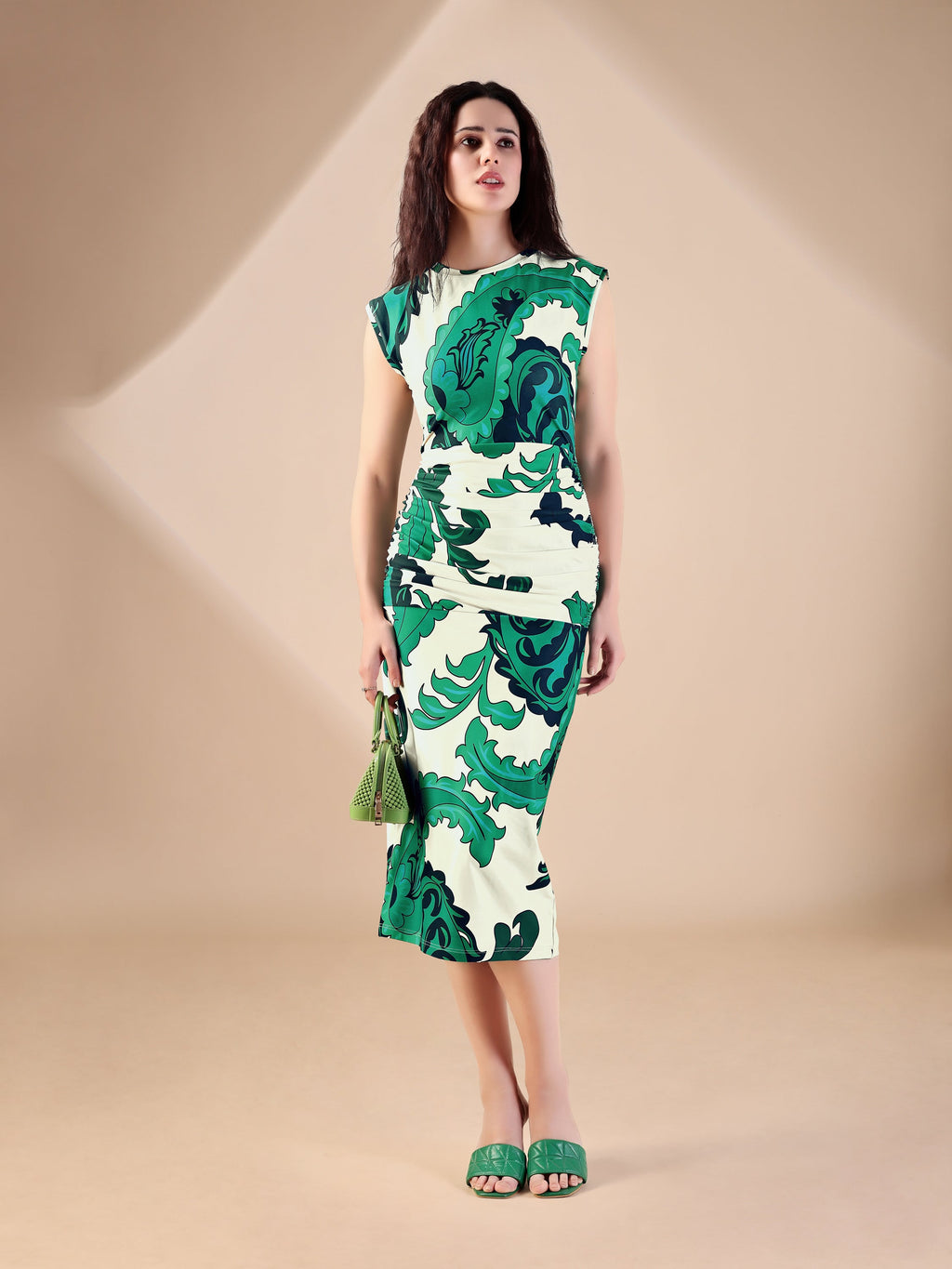 Women's Green Printed Midi  Sleeveless Dress