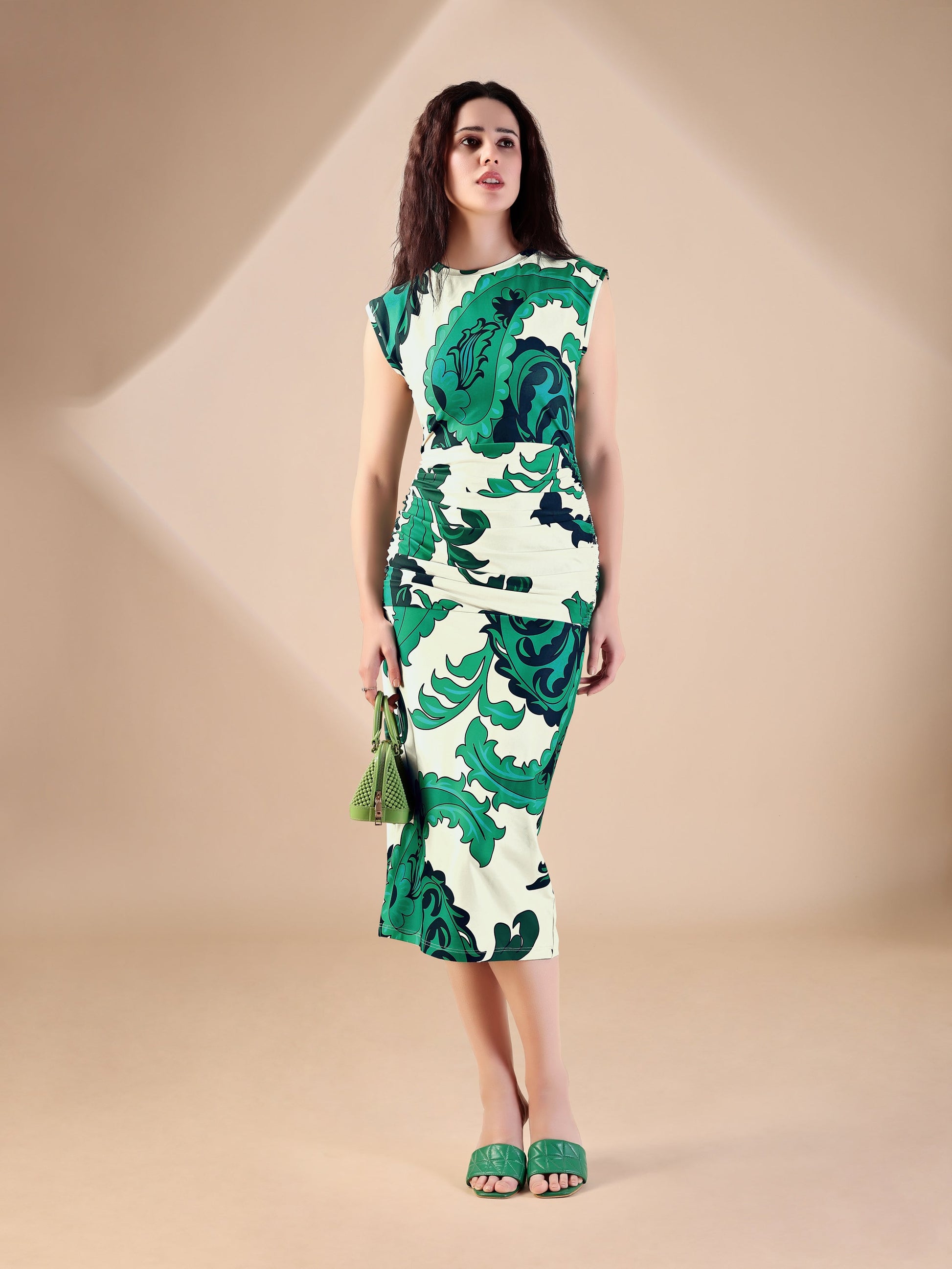 Women's Green Printed Midi  Sleeveless Dress