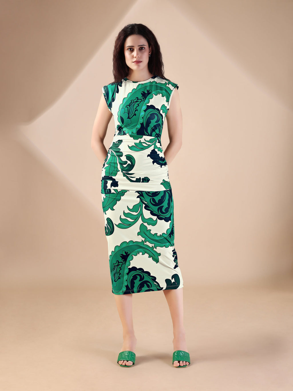 Women's Green Printed Midi  Sleeveless Dress