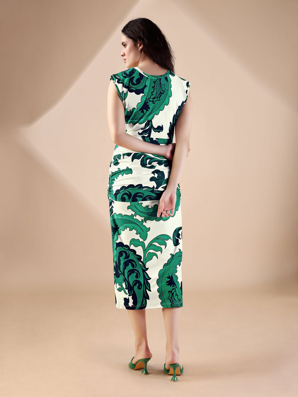 Women's Green Printed Midi  Sleeveless Dress